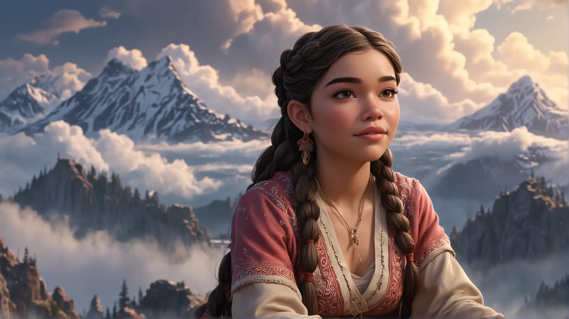 cartoon, Hailee Steinfeld as indian woman sit on top of a mountain, close-up, clouds, fog, pigtails