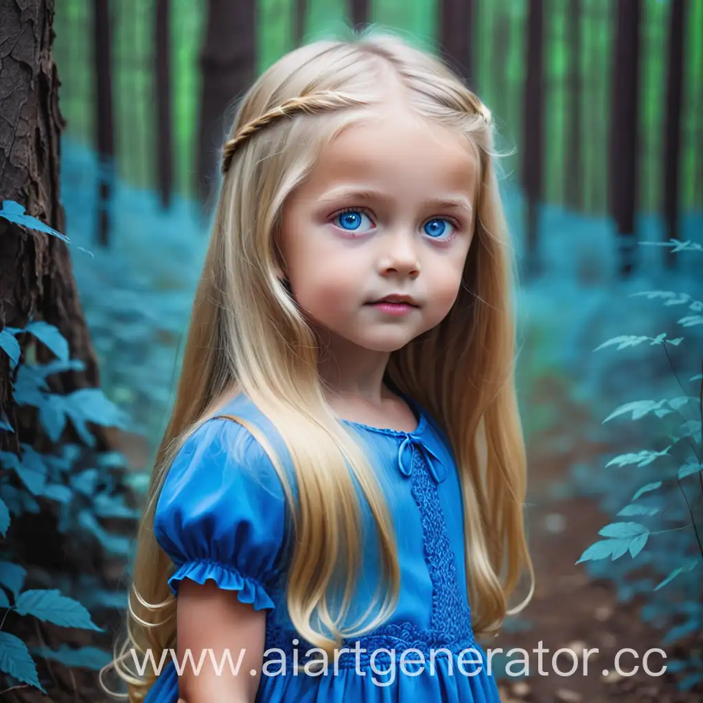 маленькая девочка длинные светлые волосы и голубые глаза в голубом платье. на фоне леса
