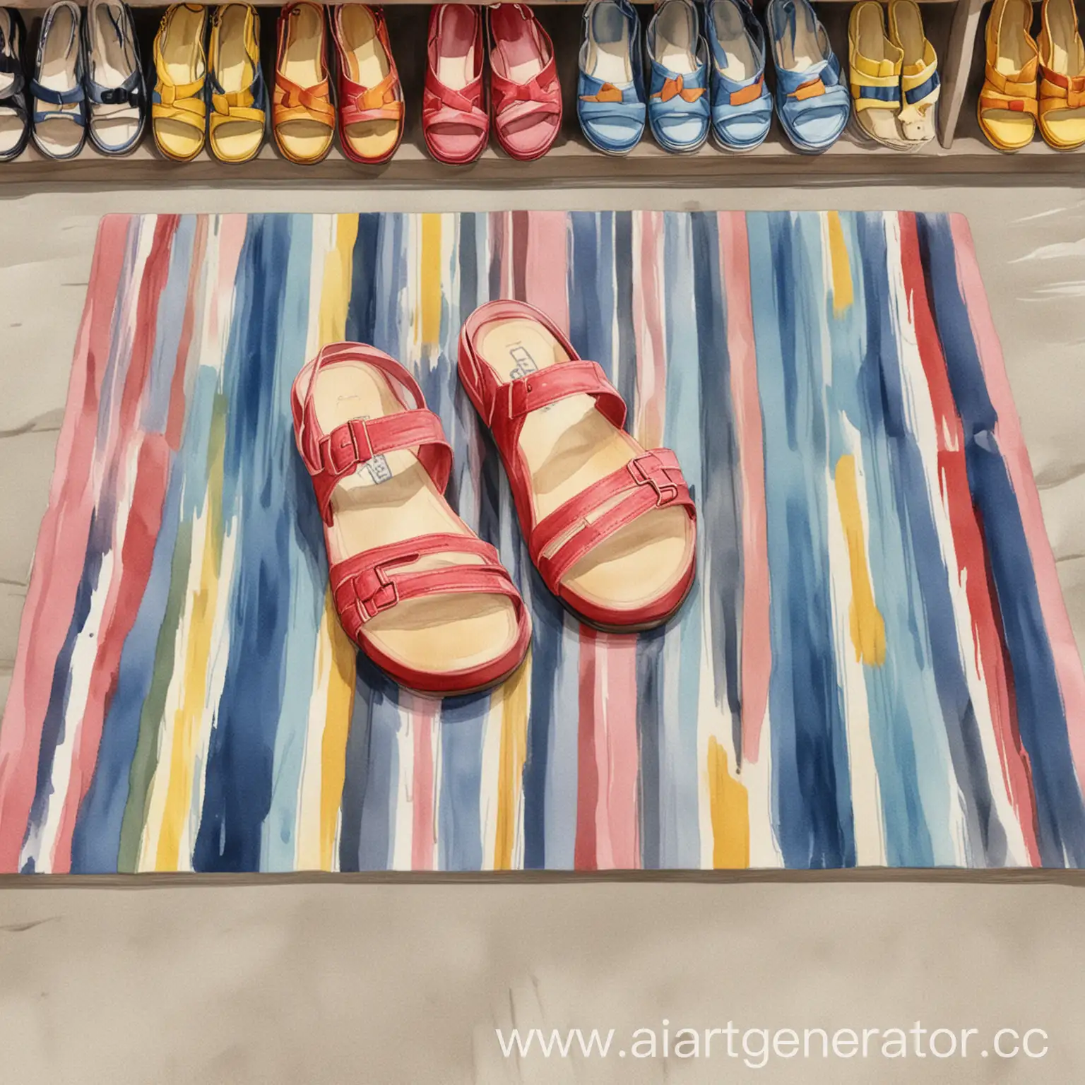 Colorful-Shoe-Display-on-Striped-Mat-with-Pink-Sandals-Realistic-Watercolor-Image-for-Preschoolers