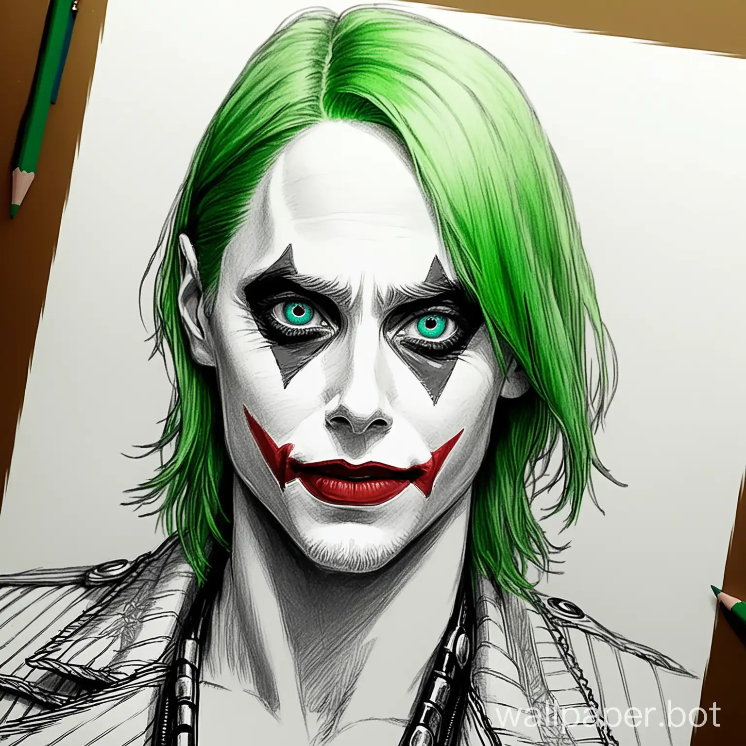 portrait drawing, jared leto like joker suicide squad, shirt green hair, pencil drawing, comic book style, sketch hatching masterpiece