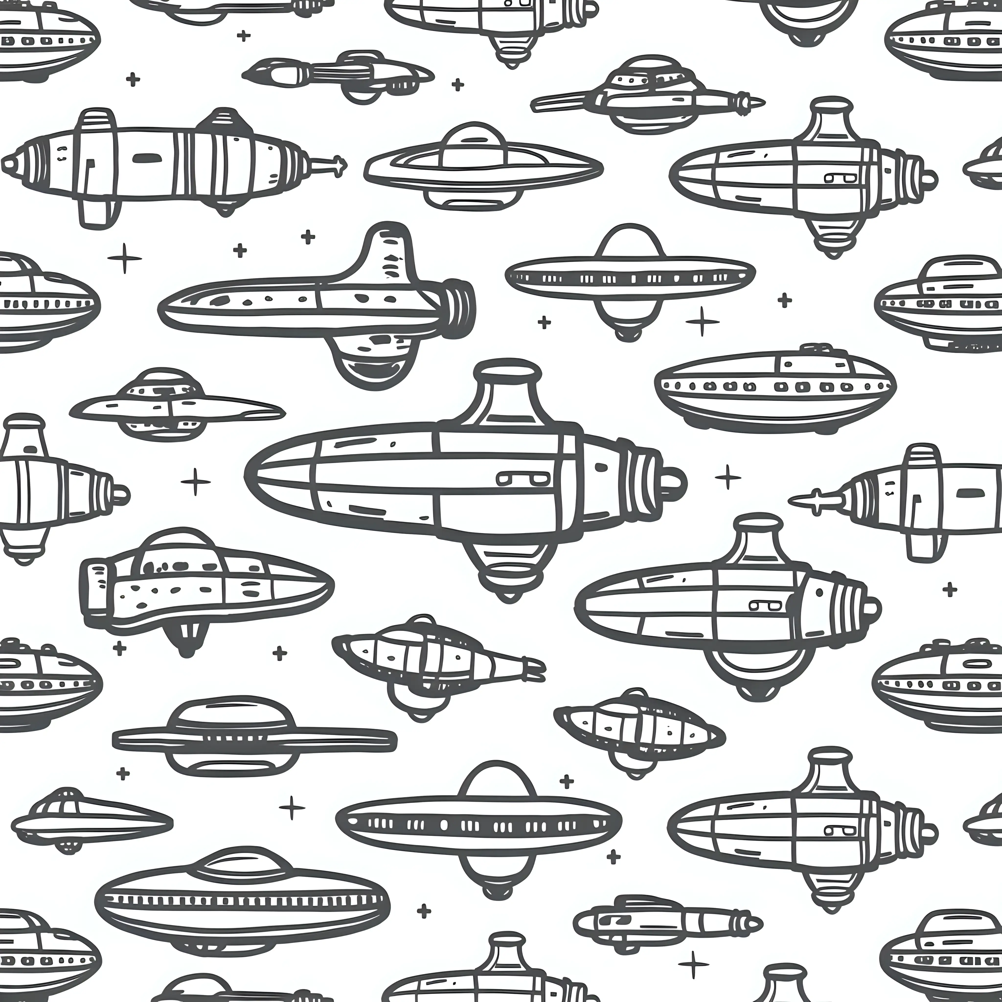 simple spaceships pattern coloring page. all in black and white. white background. should cover the whole page.