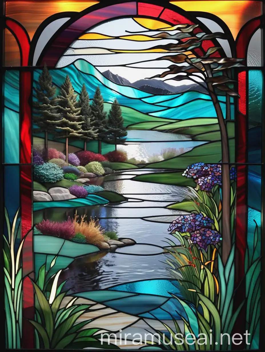 stained glass abstract, landscape design, tiffany style