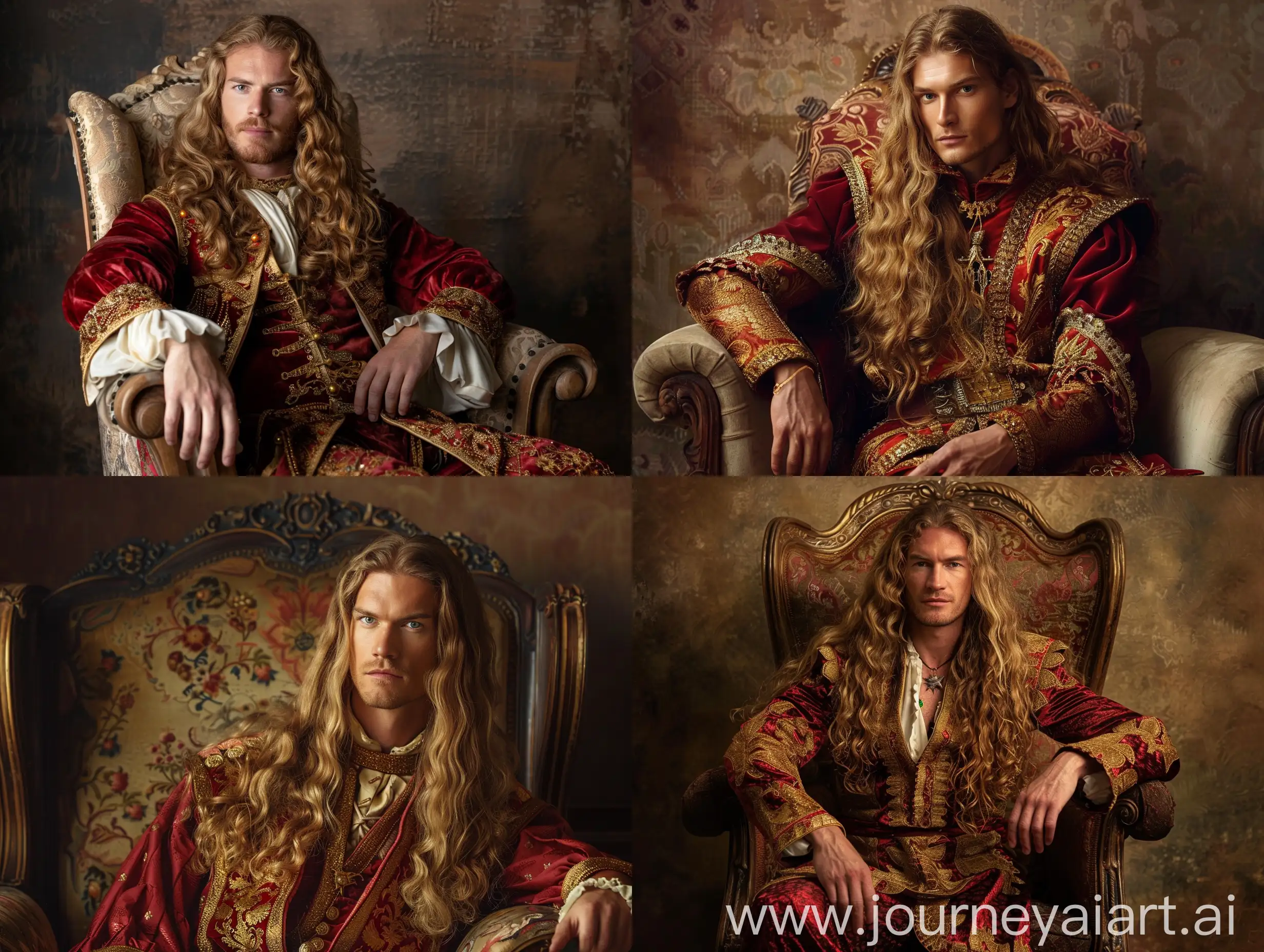 A handsome man of about thirty-five with long wavy blond hair in a rich red and golden medieval costume sits in the antique arm-chair