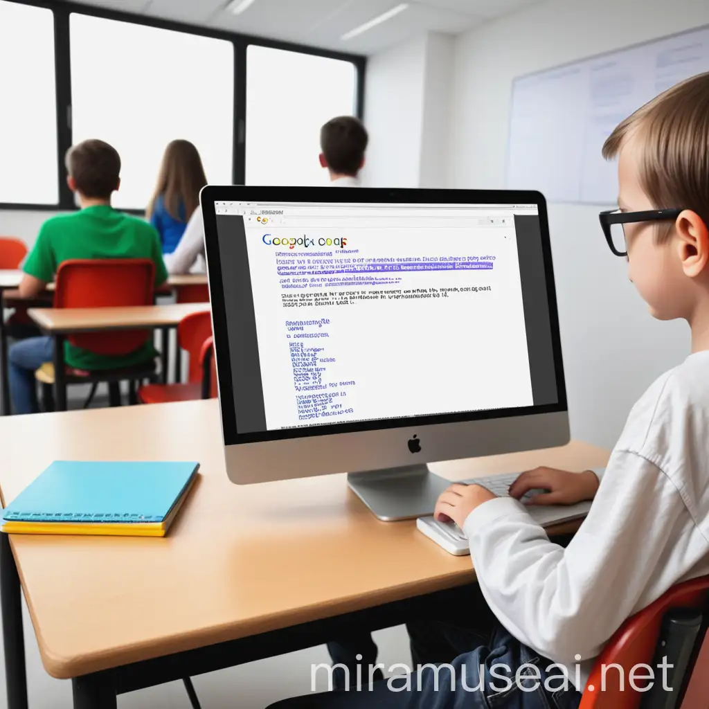 make a image in which screen show the search engine with url http://www.example.com and student sit on the chair 