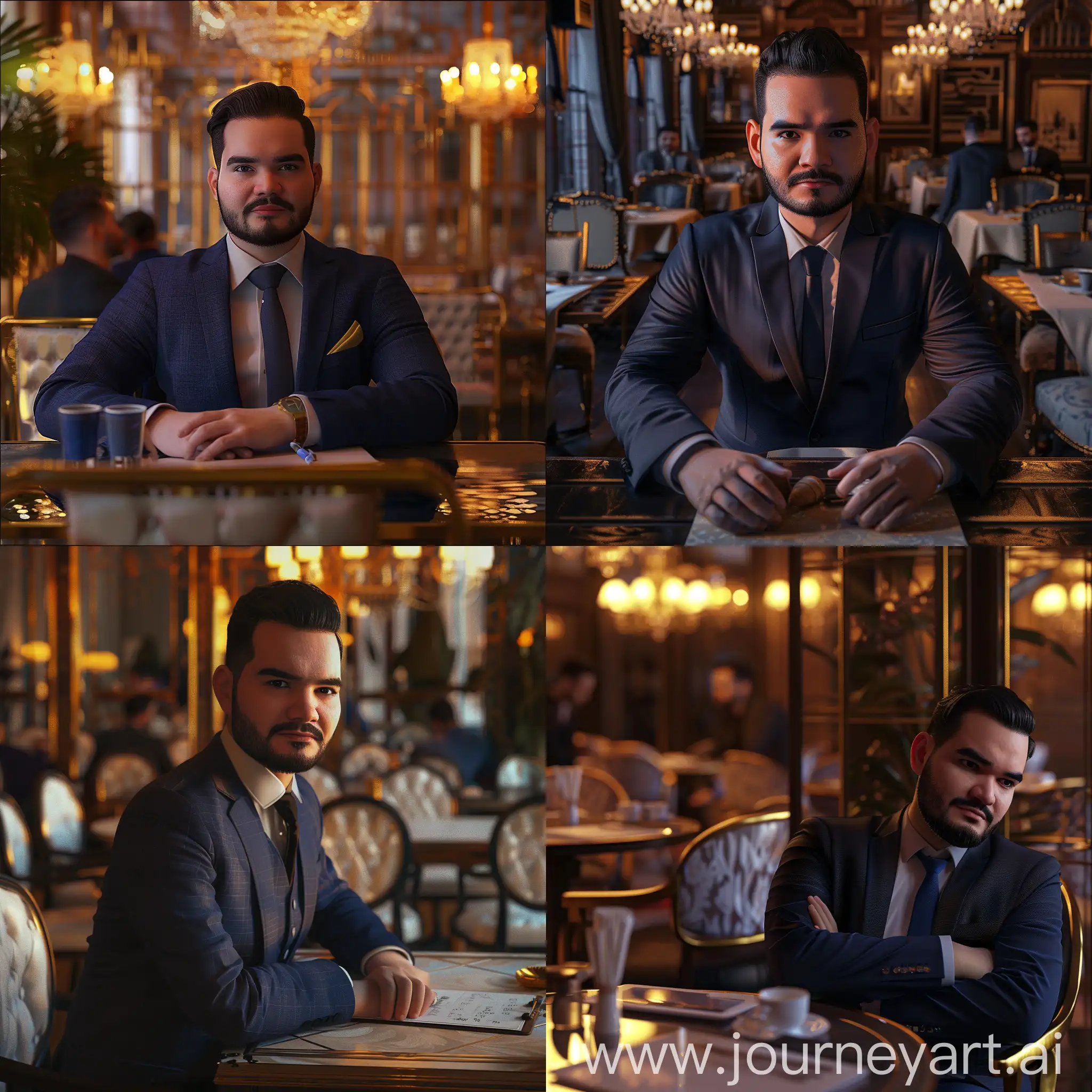 Professional-Man-in-Exquisite-Suit-at-Cafe-Table-with-Desk