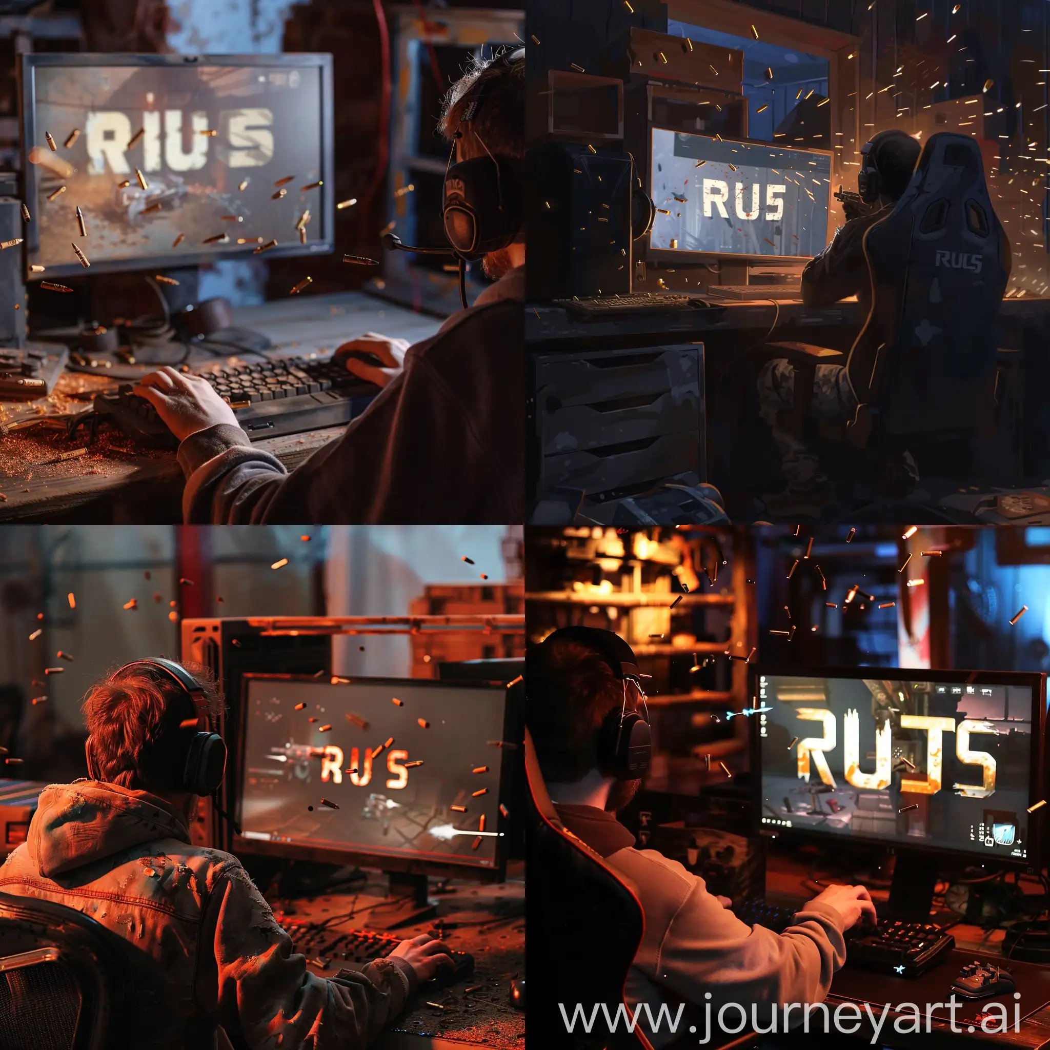 the gamer is sitting at the computer, Playing the RUST game, Bullets are flying around the gamer