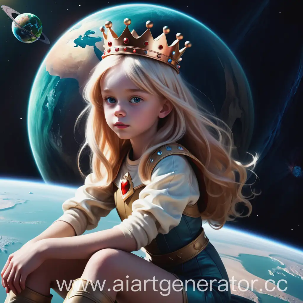вид планеты из космоса на которой сидит девушка со светлыми волосами в короне
