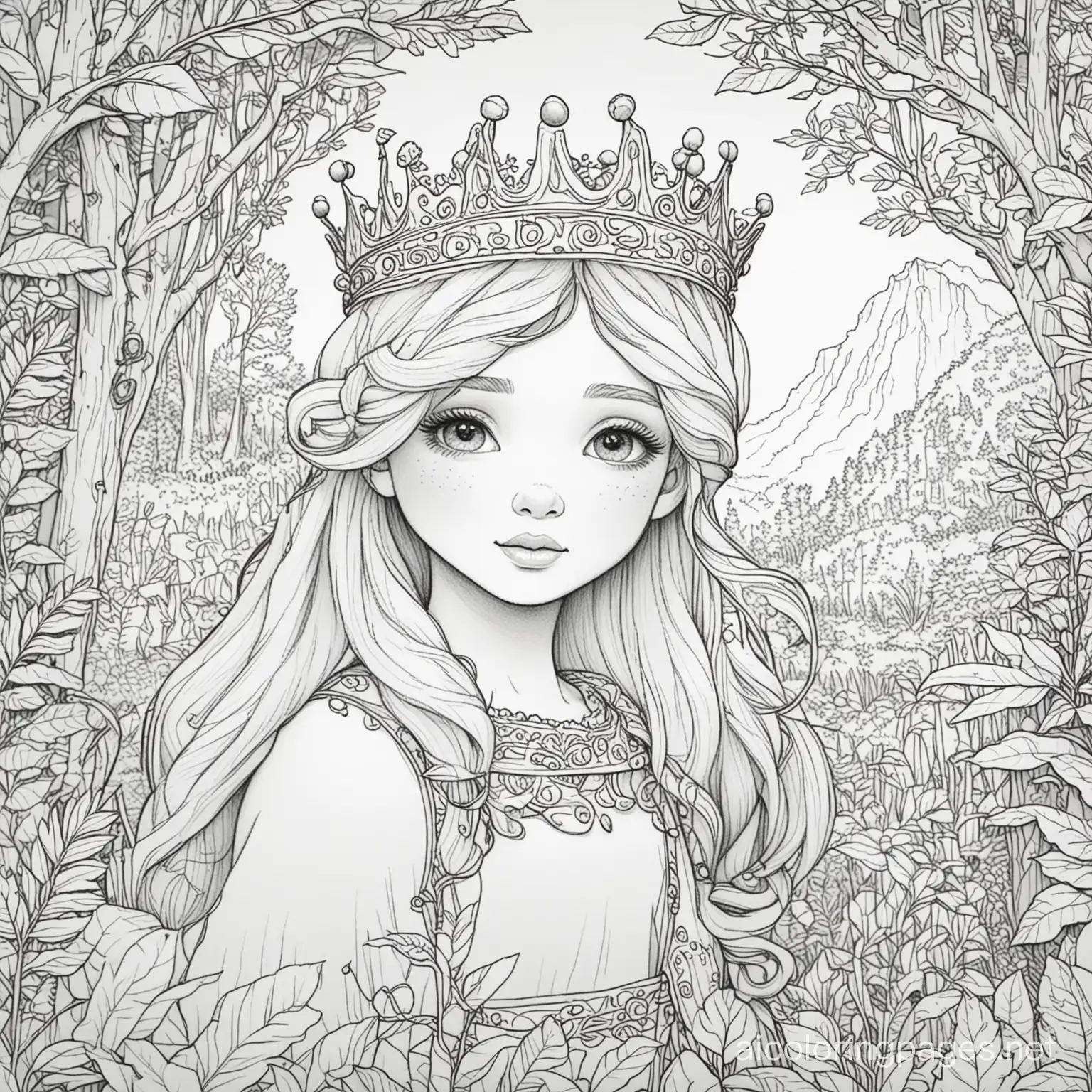 a nature-loving princess, wearing a crown, who explores the wilderness, bold lines, , Coloring Page, black and white, line art, white background, Simplicity, Ample White Space. The background of the coloring page is plain white to make it easy for young children to color within the lines. The outlines of all the subjects are easy to distinguish, making it simple for kids to color without too much difficulty