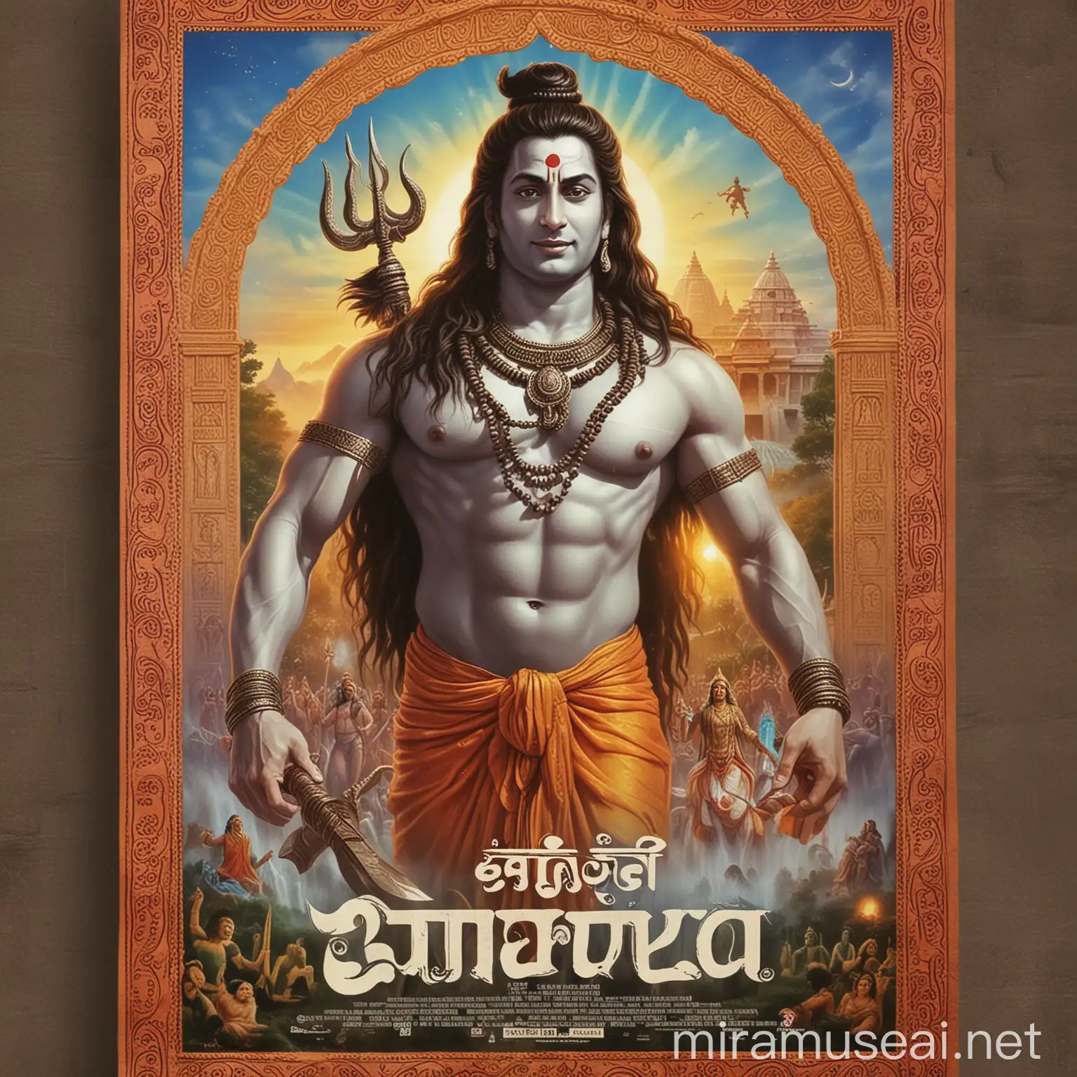 Shiva Rudra Gayatri Mantra Bollywood Style Movie Poster with Lord Shiva in a Serene Garden Temple Setting