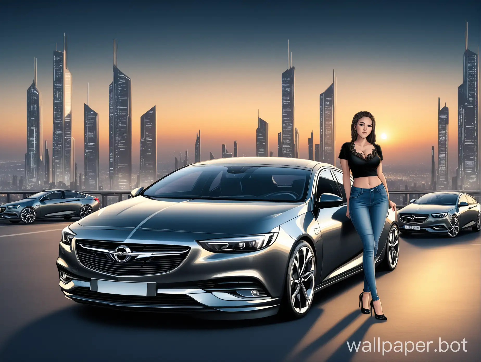 Opel insignia grand sport car in dark grey color with a brunette semi-curvy girl in t-shirt with cleavage,  jeans with lace, high heels standing next to it, with futuristic city background at sundown