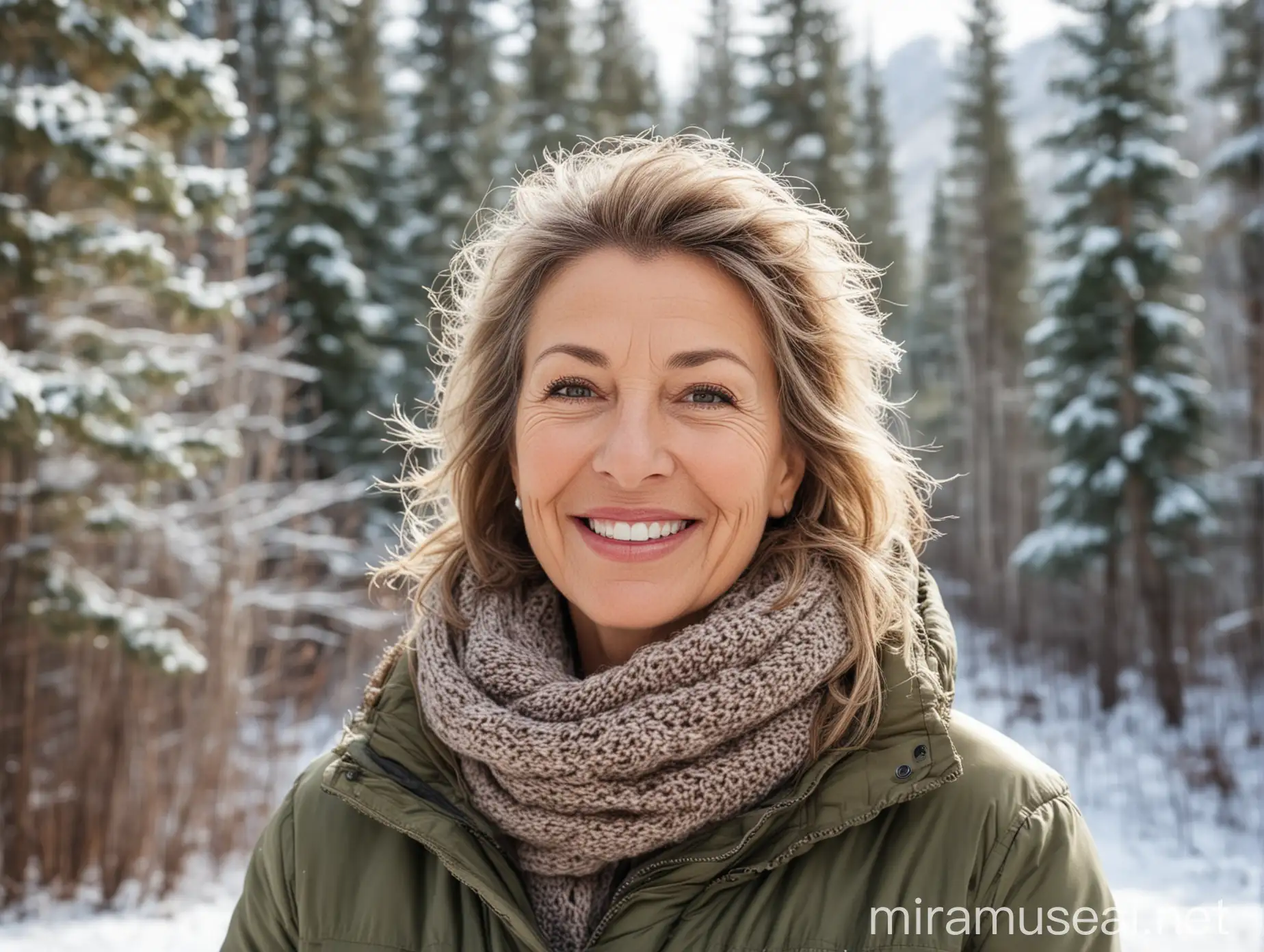 Happy Mature Woman Enjoying Winter Mountain Scenery