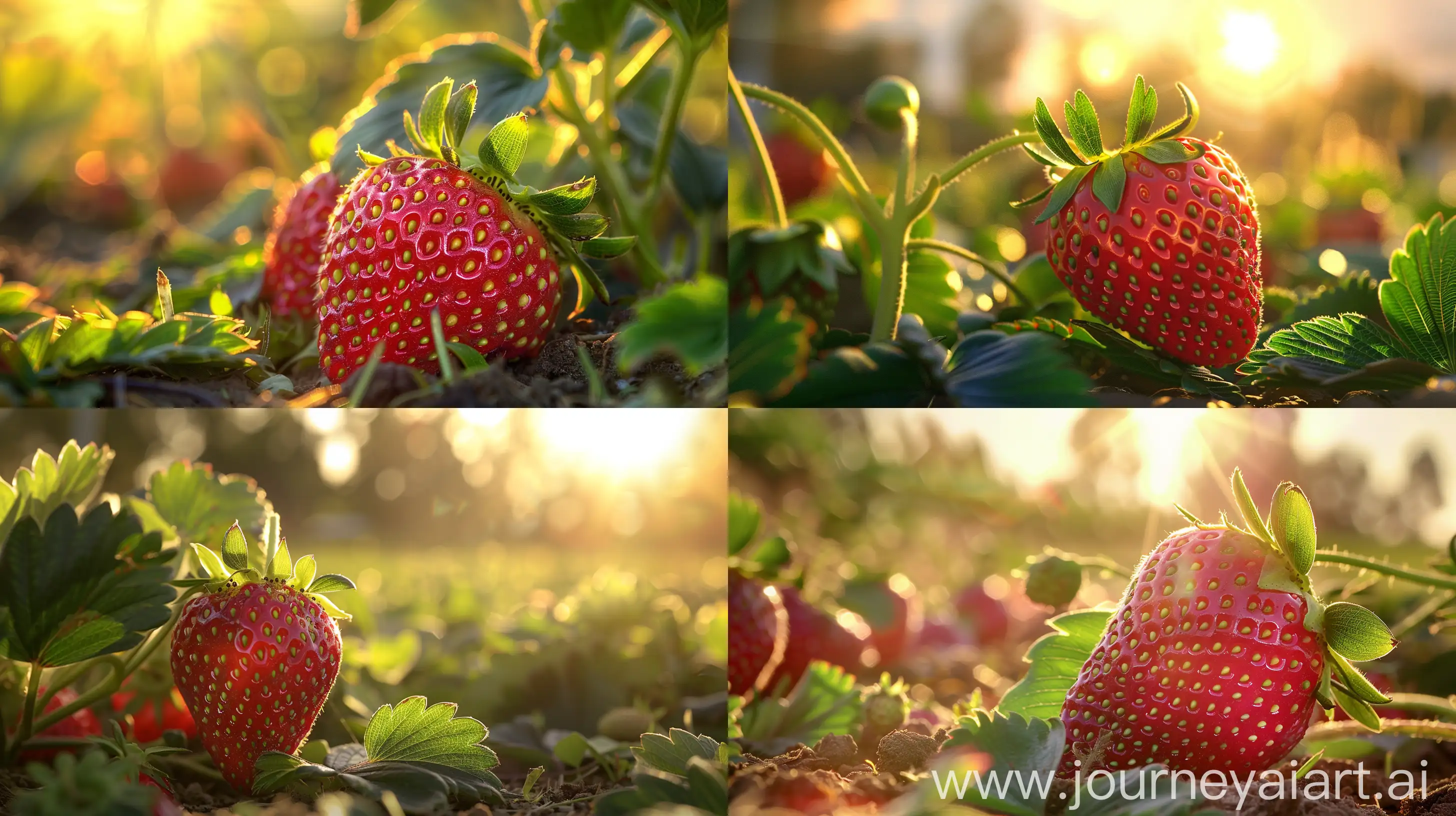 High detailed photo capturing a Strawberry, Chandler. The sun, casting a warm, golden glow, bathes the scene in a serene ambiance, illuminating the intricate details of each element. The composition centers on a Strawberry, Chandler. These early midseason June-bearing strawberries are a good choice for fresh pickings of homegrown, bright red, flavorful fruit. Firm, large and beautifully shaped, these berries are especially appealing in fresh fruit trays.. The image evokes a sense of tranquility and natural beauty, inviting viewers to immerse themselves in the splendor of the landscape. --ar 16:9 