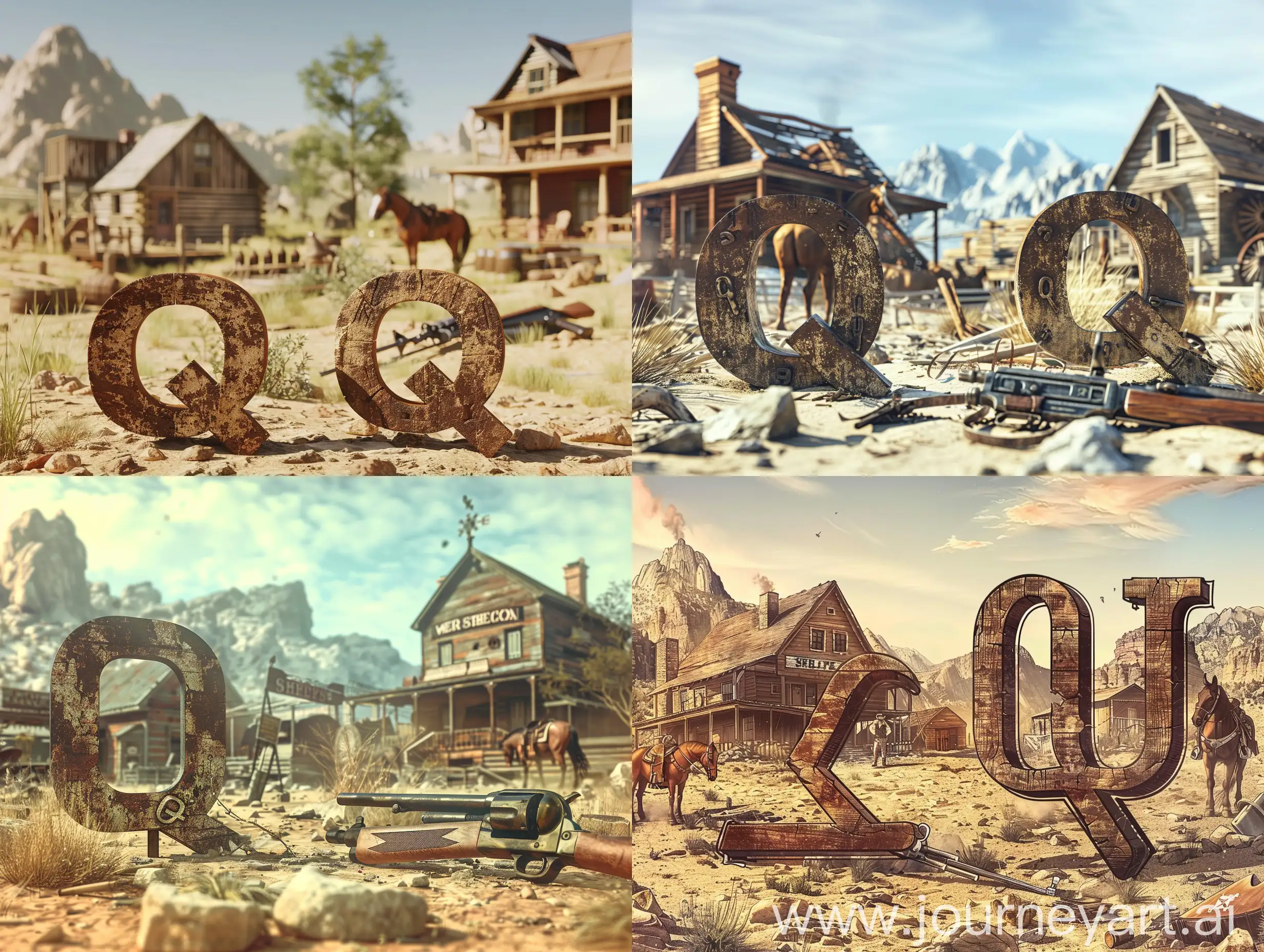 In the foreground are two letters "EQ", wild West style, in the background a cowboy settlement and a sheriff's house, a kar89k rifle, a horse, all in high quality.