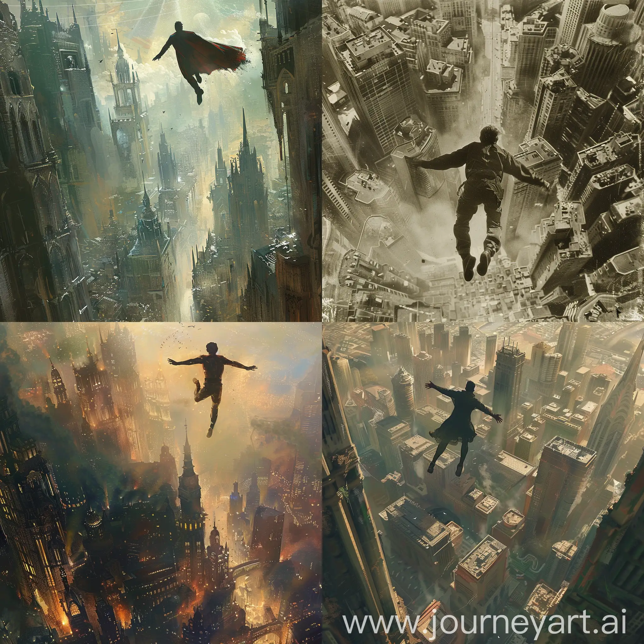 Man-Flying-Over-Urban-Cityscape-at-Dusk