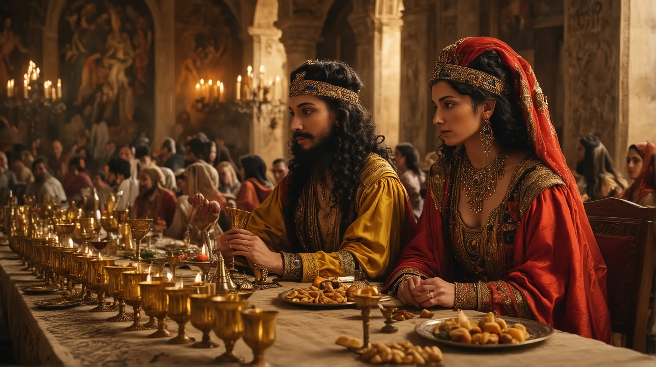 Queen of Sheba and King Solomon in Ancient Oriental Banquet Scene