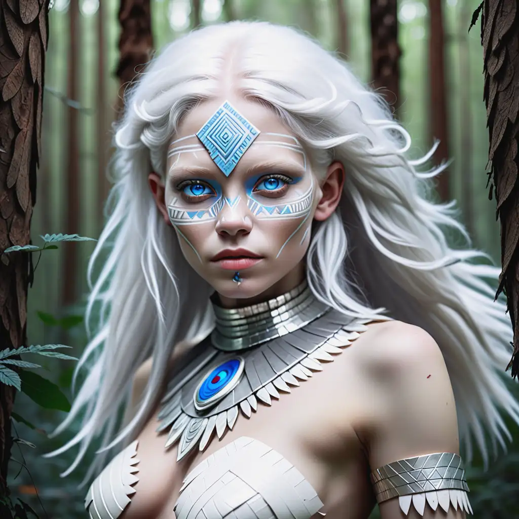 Aztec albino woman with silver hair and bright blue eyes hunting in the forest