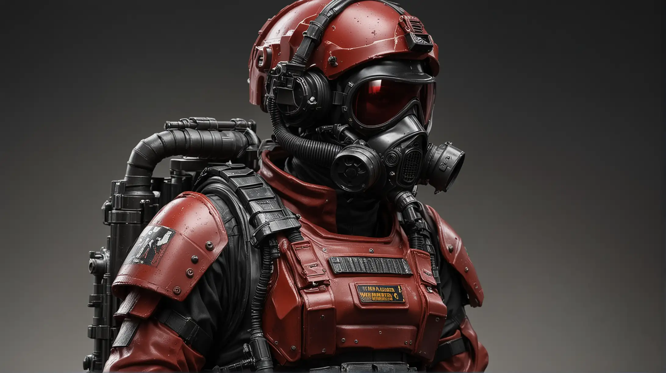 Female warhammer 40k imperial guard soldier in a closed environment suit with an smg and air tank backpack. Black, tight. Full-head helmet and gas mask. Dark red glass visor covering the eyes.
