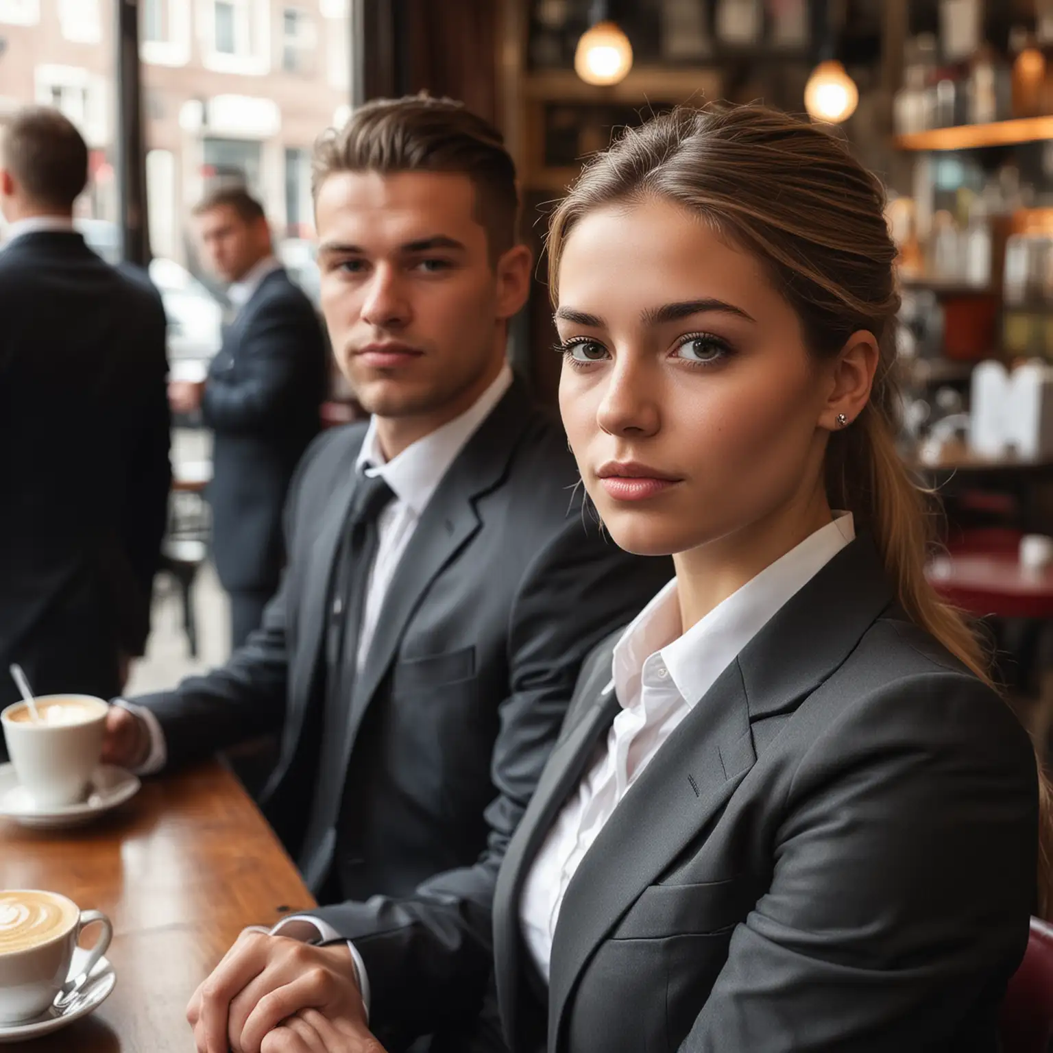 Young businesswoman with bodyguards in cafe in Amsterdam, high detailed zoomed in 