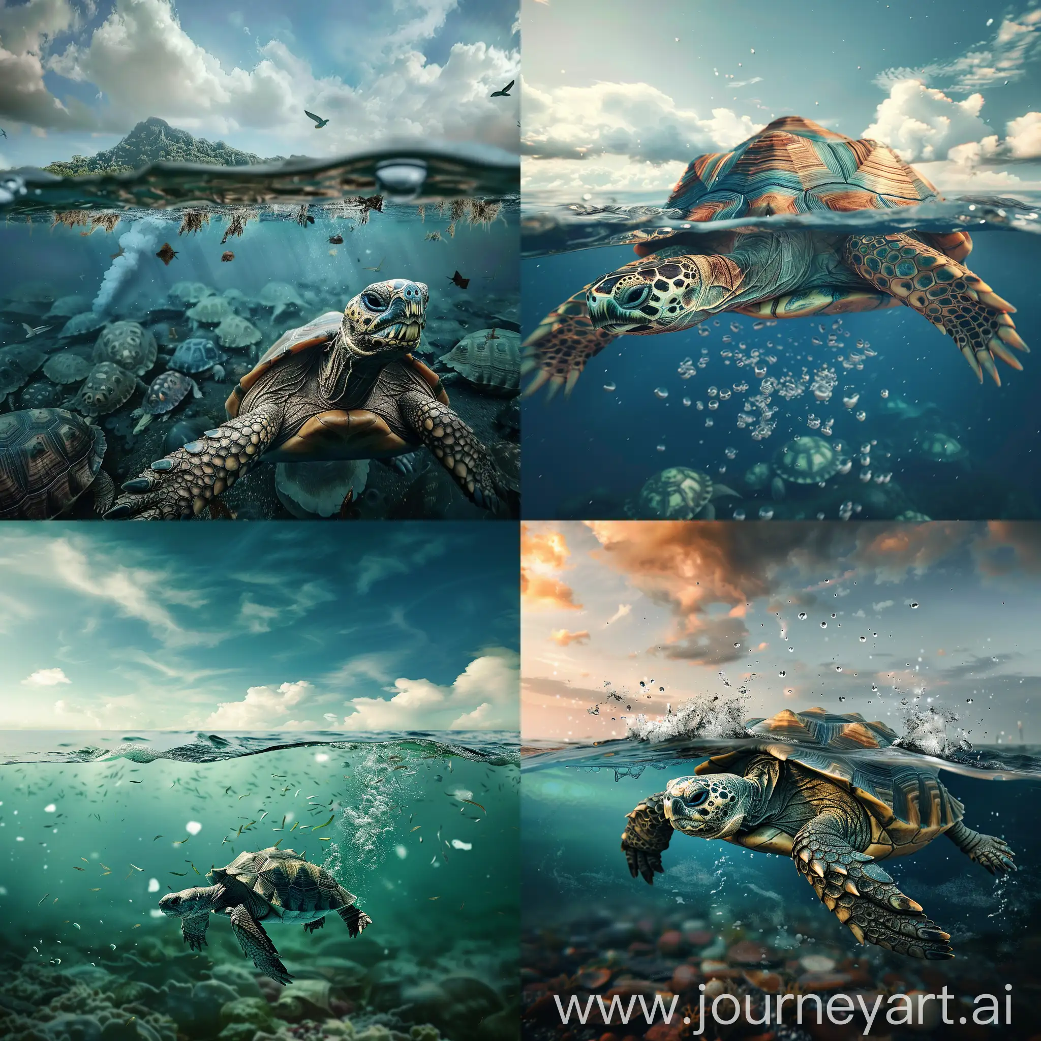 Hyperrealized, 4K, sad tortoise swim in the ocean and many water pollution
