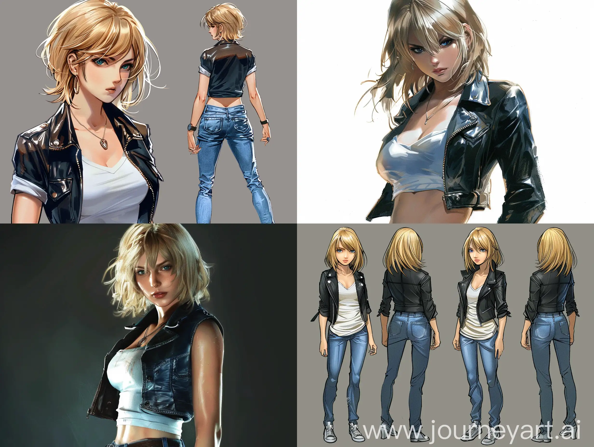 Aya Brea, parasite eve, the 3rd Birthday, video game character, shoulder-length blonde short hair with side bangs. The character's eyes are blue, giving her a sharp and focused gaze. No shadows NYPD Uniform •Consists of a plain white short-sleeved t-shirt and blue jeans. •Aya also wears a black leather jacket over the shirt.