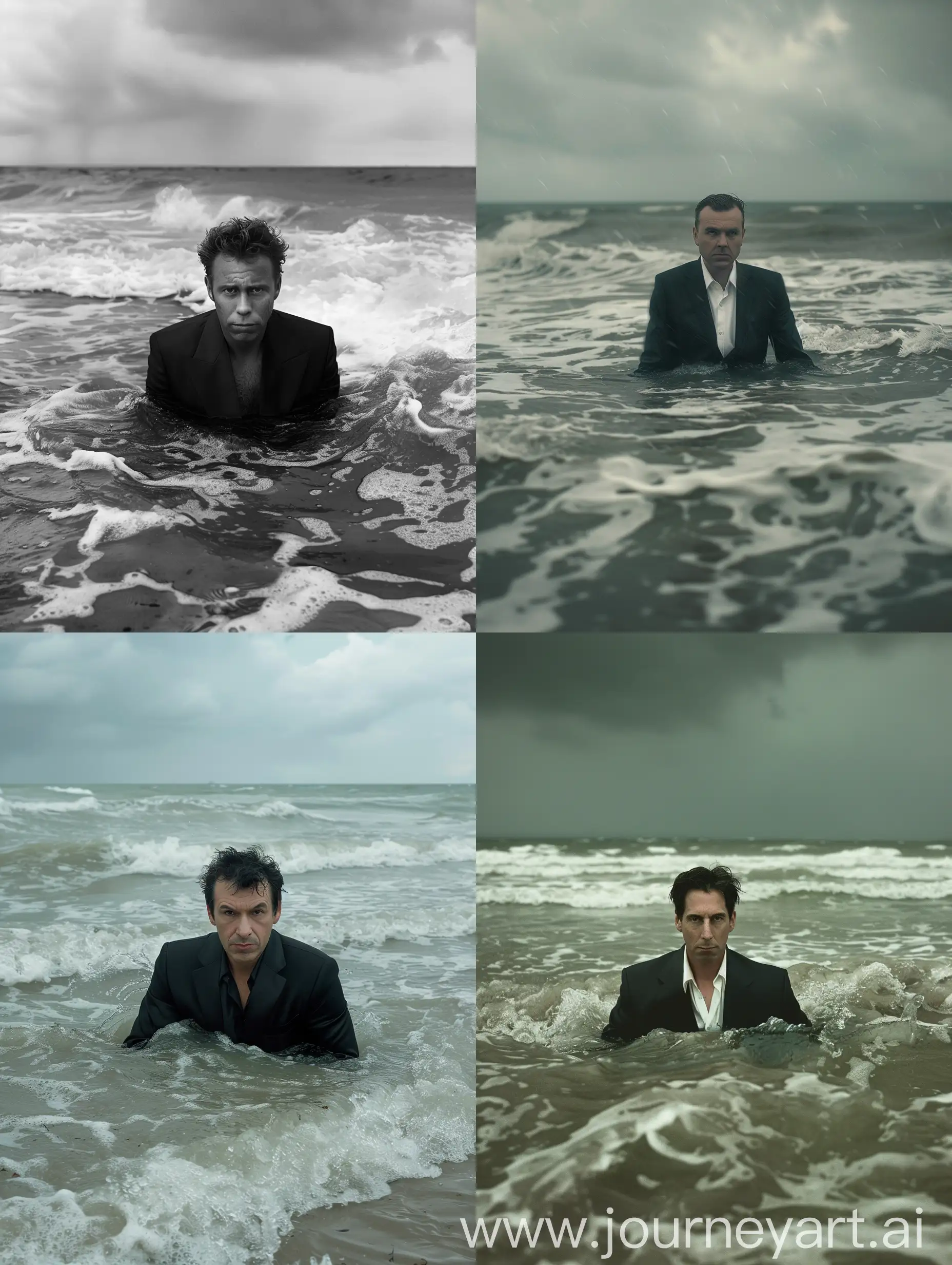  On the beach, in a long shot, we see a man wearing a black suit waist-deep in stormy sea water. The poker-faced man stares into the lens.