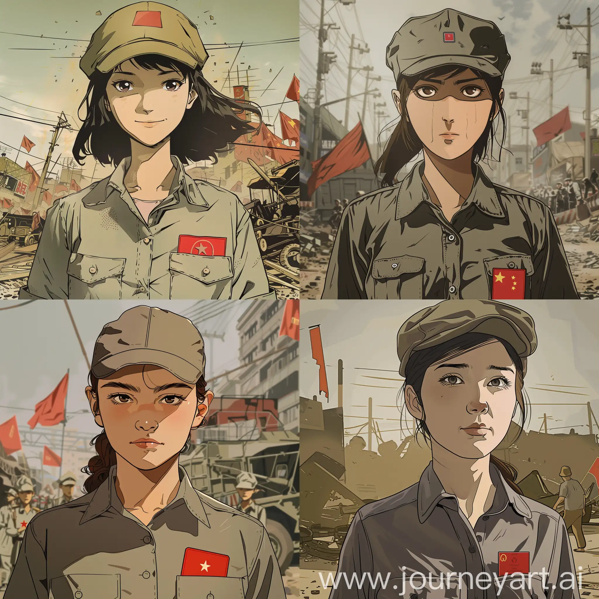 A communist woman in a proletarian cap, in simple, no-frills clothes, a red party card is slightly visible in her shirt pocket, her face is calm. There is a workers' strike in the background, without bright flags or posters. Anime style