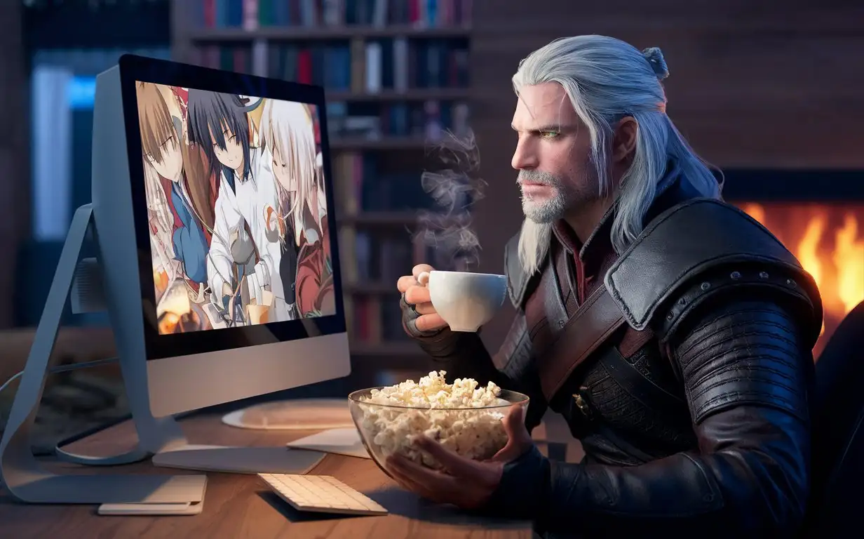 геральт сидит за компом и смотрит аниме в руках попкорм и чаям в руках 