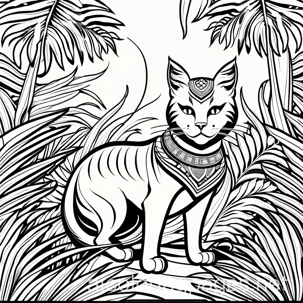 cats jungle warrior
, Coloring Page, black and white, line art, white background, Simplicity, Ample White Space. The background of the coloring page is plain white to make it easy for young children to color within the lines. The outlines of all the subjects are easy to distinguish, making it simple for kids to color without too much difficulty