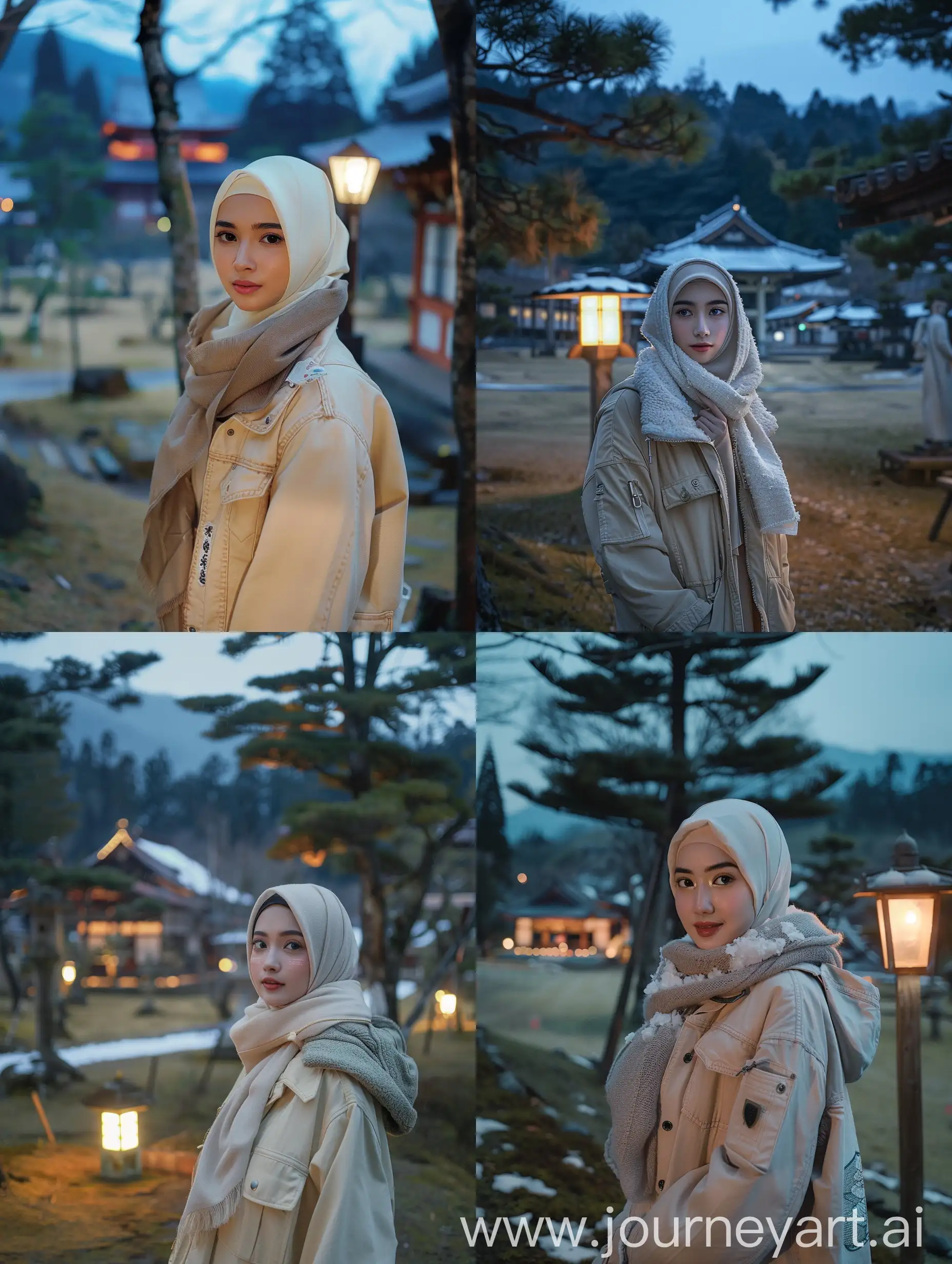 Javanese-Woman-in-Hijab-Standing-Amidst-Tranquil-Night-Landscape-with-Traditional-Japanese-Architecture