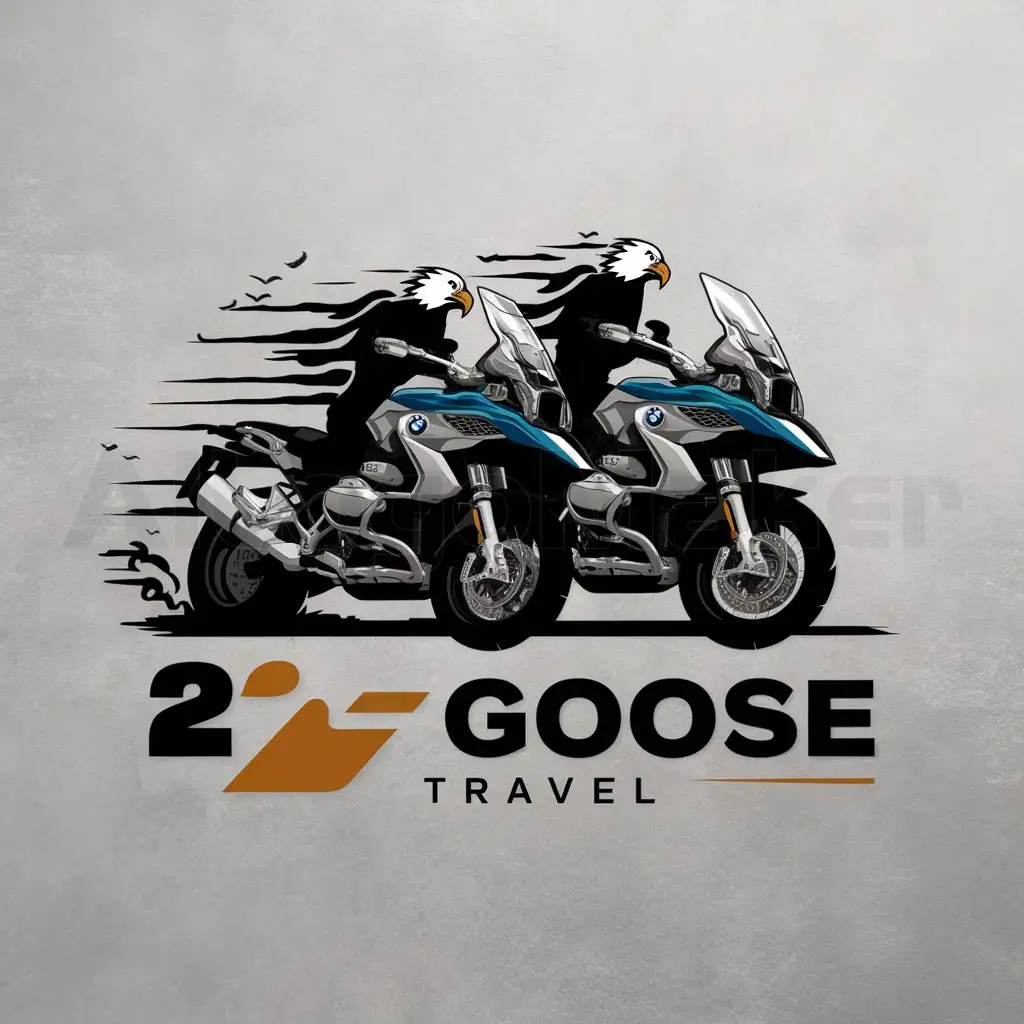 a logo design,with the text "2 goose travel", main symbol:Two motorcycles BMW R1200GS go quickly on them sit two eagles,Moderate,be used in  Travel industry,clear background