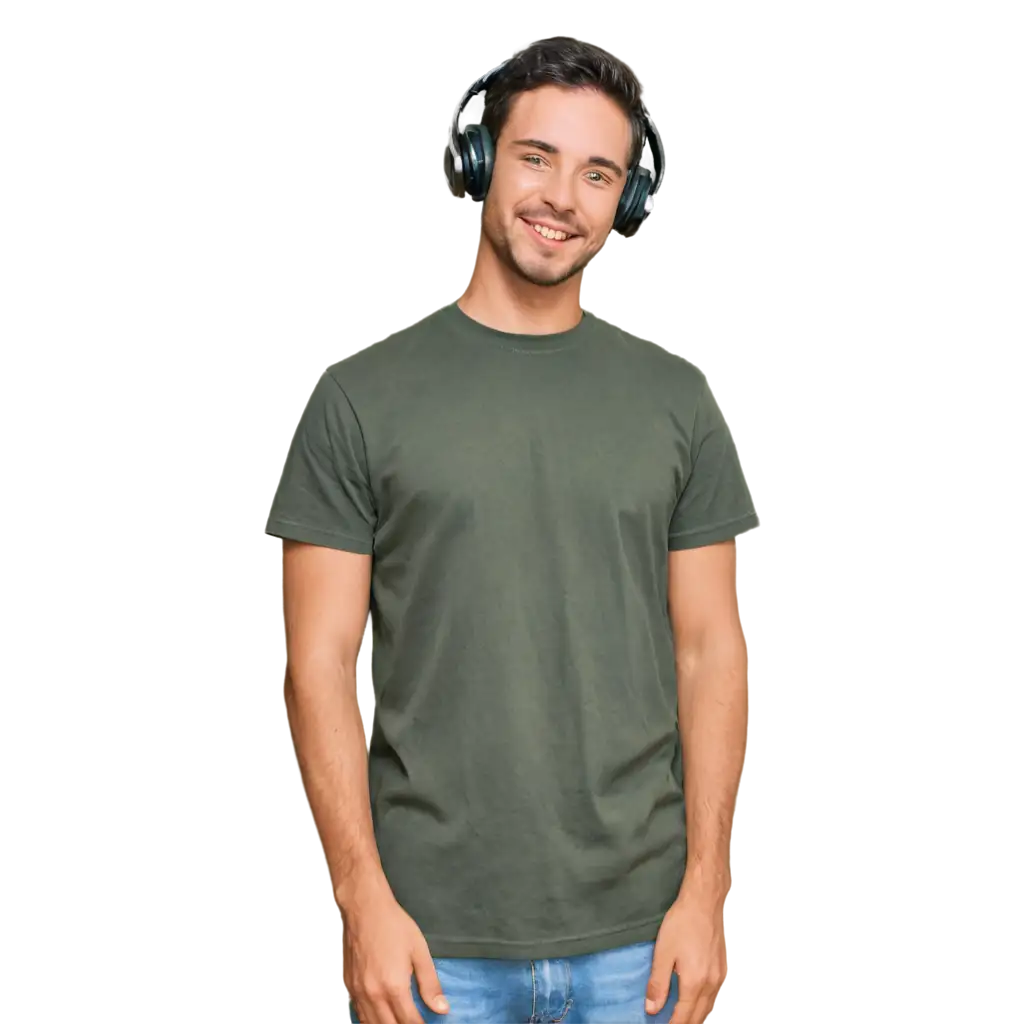 A guy with headphones on his ears and a relaxed facial expression