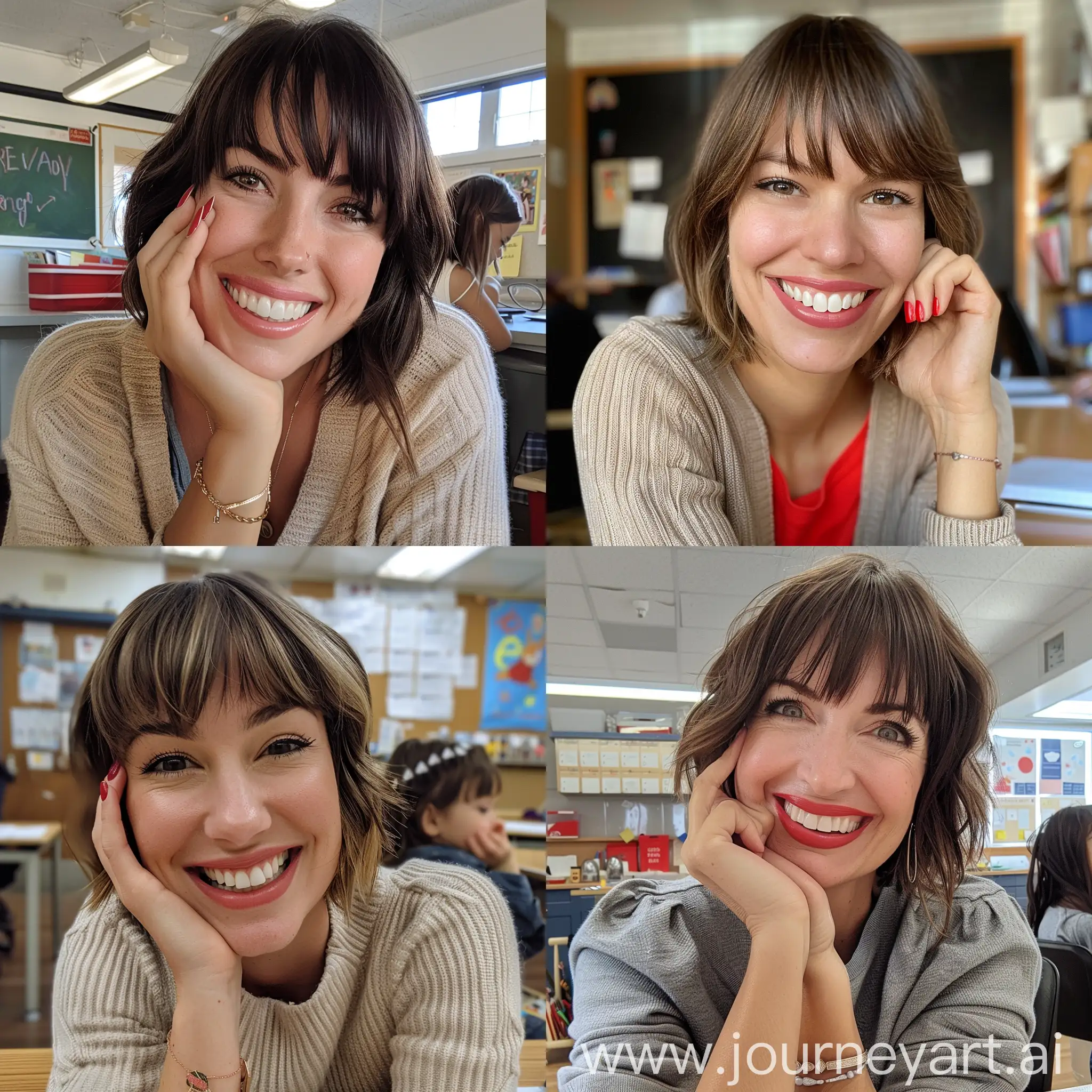 Aesthetic Instagram selfie of a average elementary school teacher, woman, short full hair, bangs, bright smile, perfect teeth, at her desk, one hand on cheek, red gel nail polish, wedding ring, female student next to her, warm brown tones 