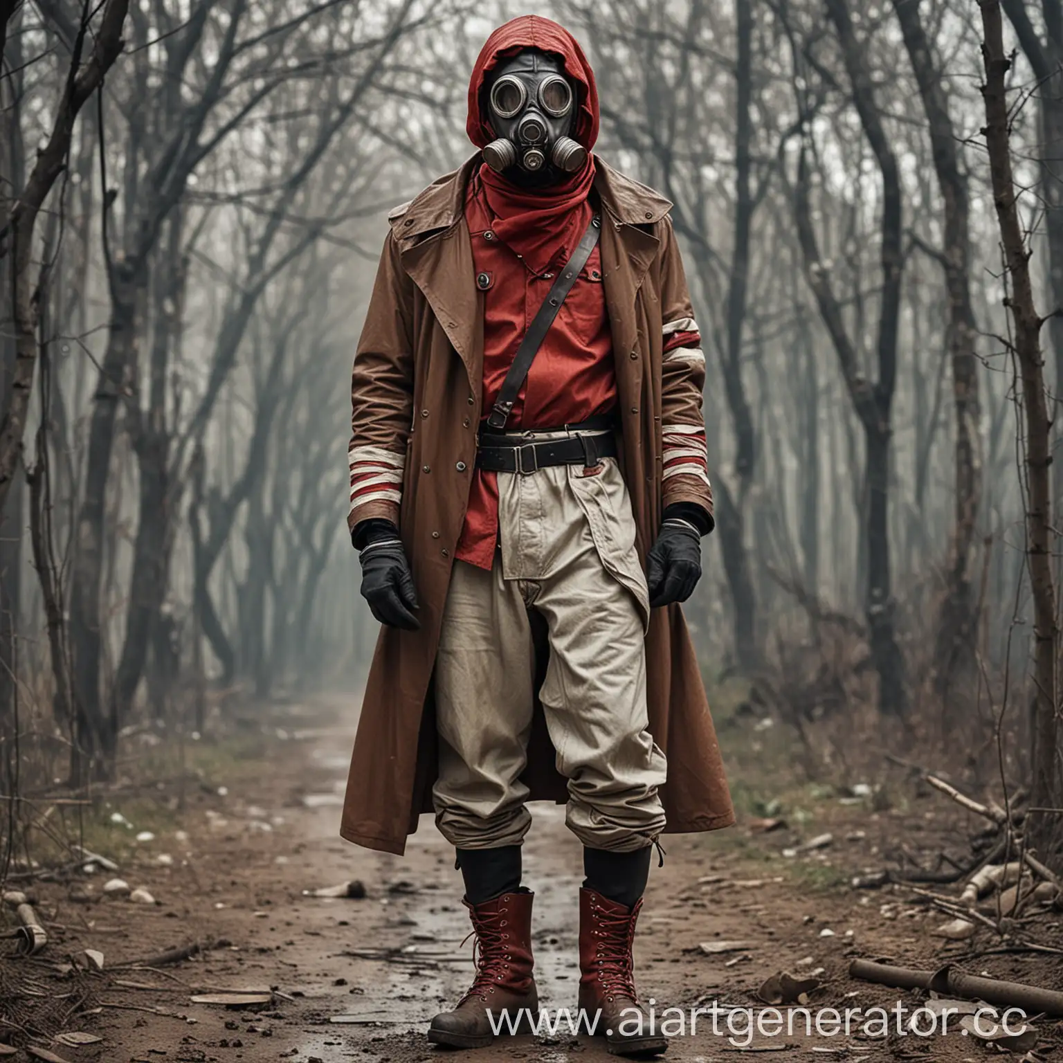 A war rebel in the hood wearing a soviet gas mask, brown long leather raincoat, white and red with lines bandage on the shoulder, grey pants, boots