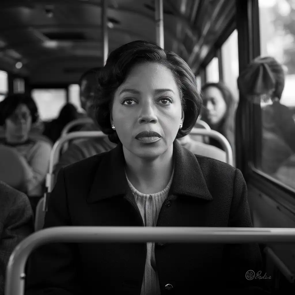 Rosa Parks standing defiantly on a bus, sparking the Civil Rights Movement.