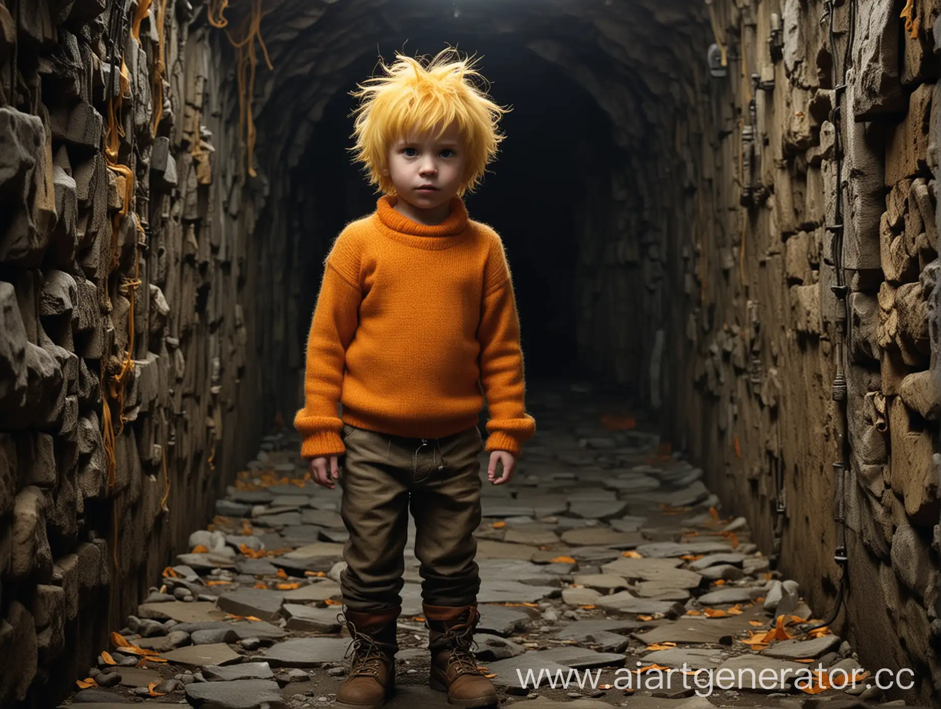 little boy named Tim with orange sweater and yellow hair visited dungeons where dangerous traps and terrible monsters awaited him.