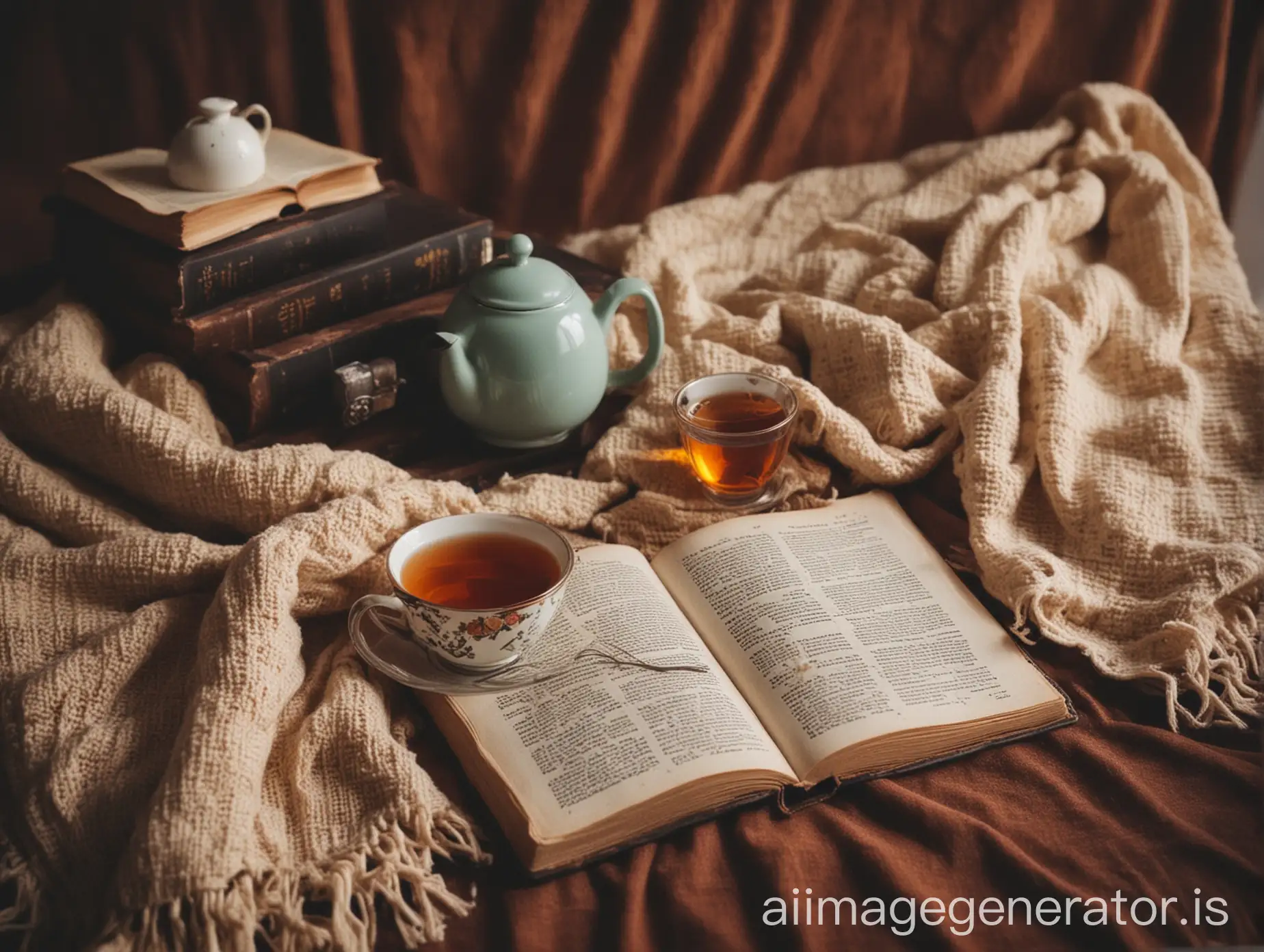 tea warm blanket natural light typing mashine old book