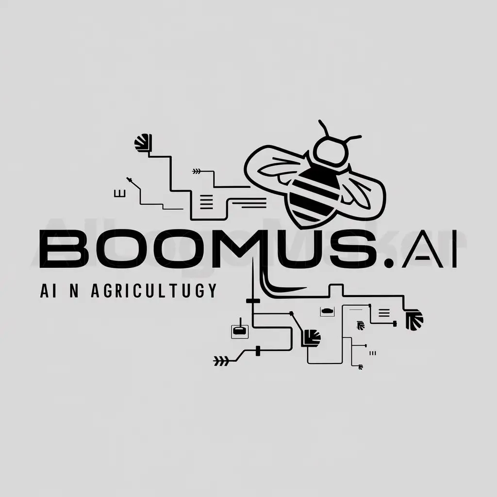 a logo design,with the text "BOOMUS.AI", main symbol:bee with AI in agriculture incoorporated,complex,be used in Technology industry,clear background