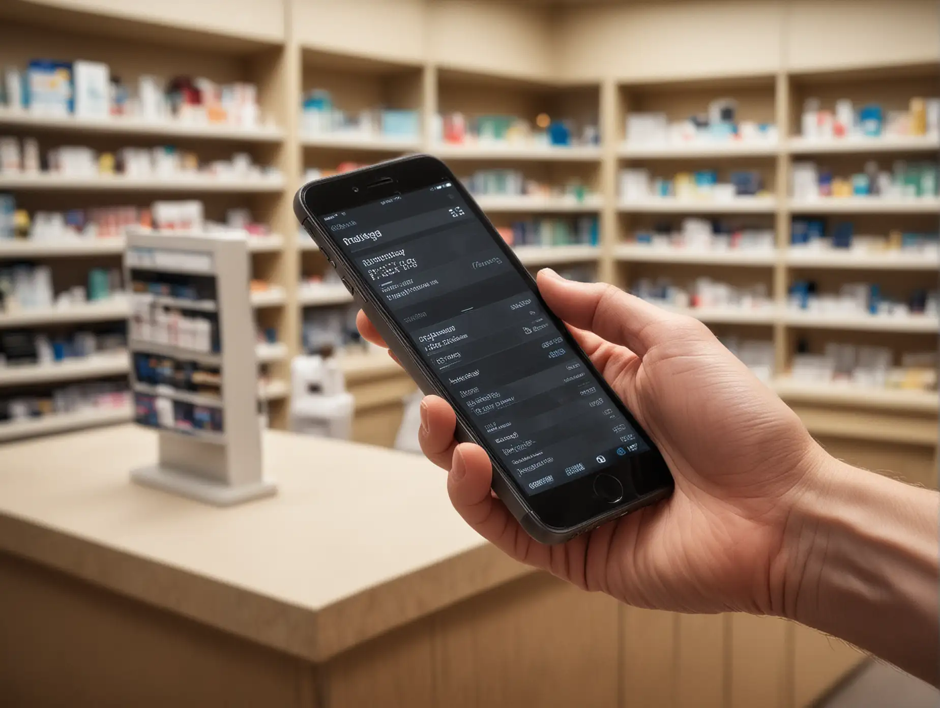 Create a realistic close-up photo of a hand holding an iPhone with a black screen and making a payment at a pharmacy checkout terminal. The focus should be on the hand and the terminal, and these elements must be clear and detailed. There should be blurred pharmacy shelves and pharmacists working there in the background, giving a sense of scenery without distracting from the main topics. The telephone and terminal should be modern and typical of a modern pharmacy. Make sure the lighting is natural and the image is of professional quality.