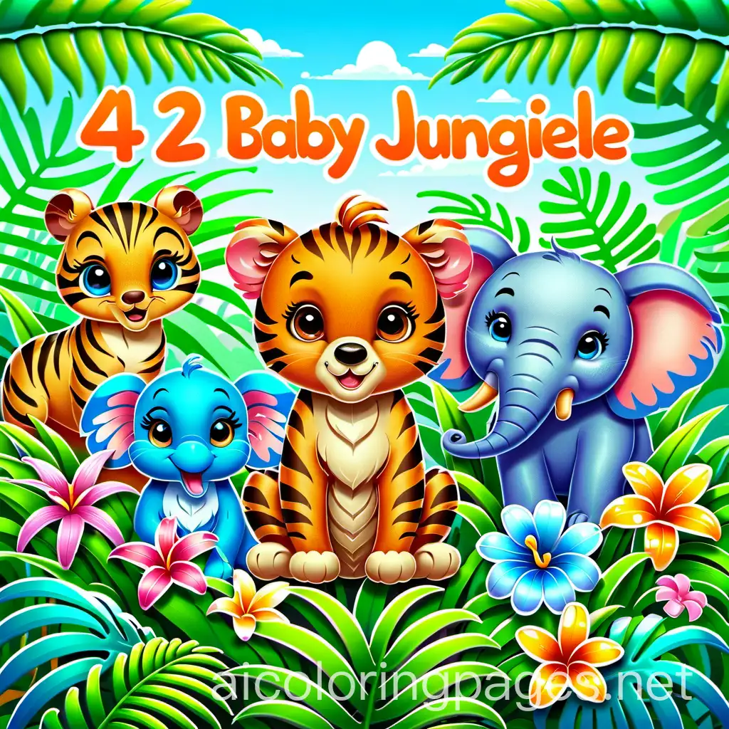 Create a colorful and detailed cover for a children's coloring book titled '42 Baby Jungle Animals'. The cover should feature an array of adorable baby jungle animals, similar in style to the provided image. Include a variety of animals such as a baby tiger, elephant, monkey, parrot, iguana, owl, and frog, among others. Ensure each animal has a cute and friendly expression, surrounded by lush tropical foliage and vibrant flowers. The title '42 Baby Jungle Animals' should be prominently displayed in a playful and eye-catching font in the center of the cover. full of vibrant eye catching colors.