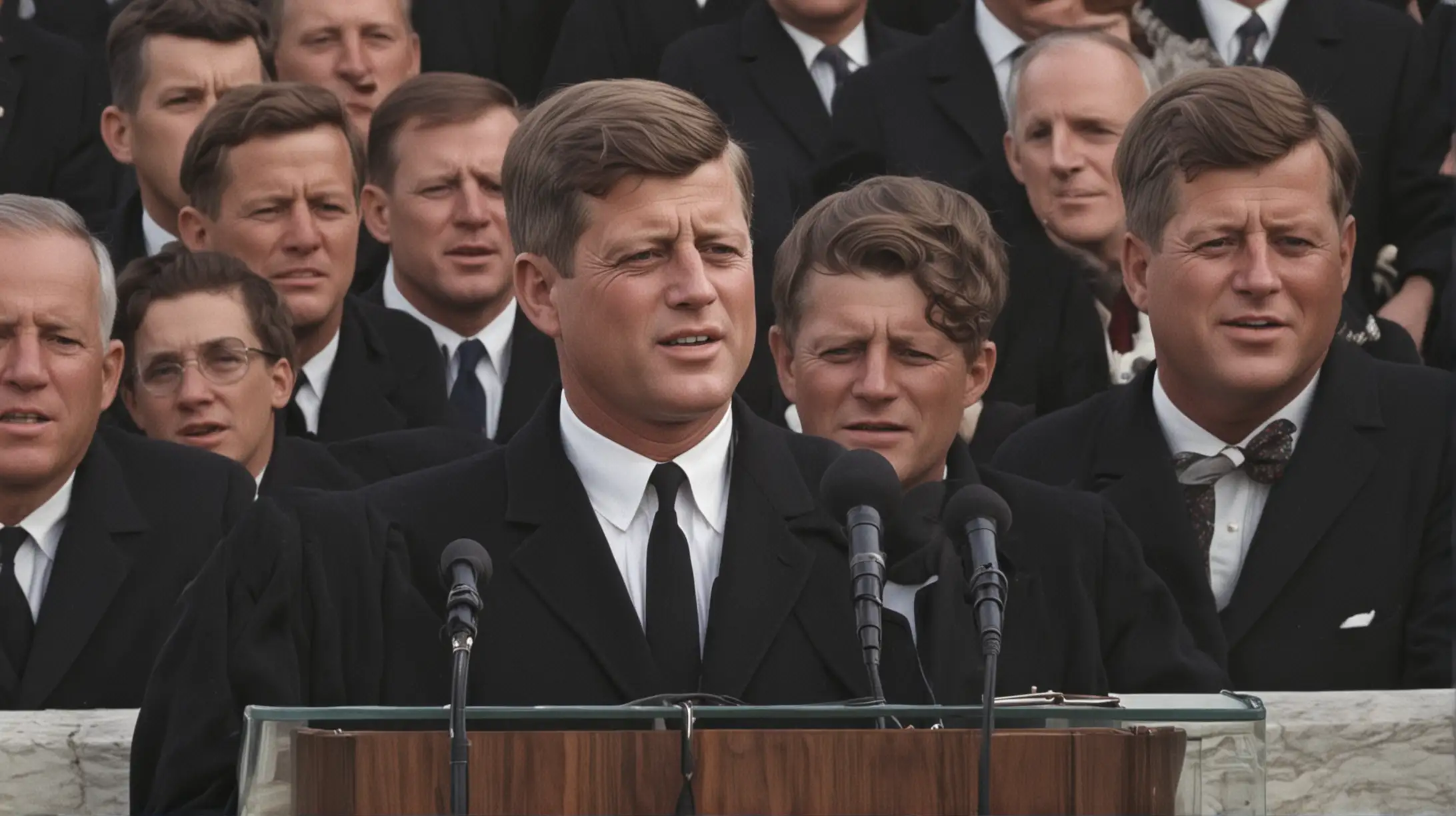 Image prompt: Discurso de Inauguración de Kennedy
Description: Una imagen icónica de John F. Kennedy dando su discurso de inauguración, con una multitud entusiasta frente a él y la famosa frase "No preguntes qué puede hacer tu país por ti..." en letras destacadas, capturando el momento memorable en el que Kennedy inspiró a la nación con sus palabras.