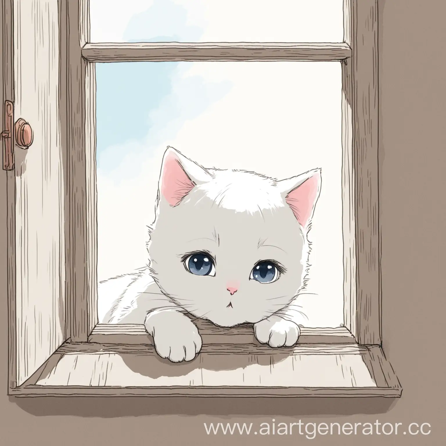 Нарисуй картинку, где белая кошечка выглядывает из окна и отправляет поцелуйчик