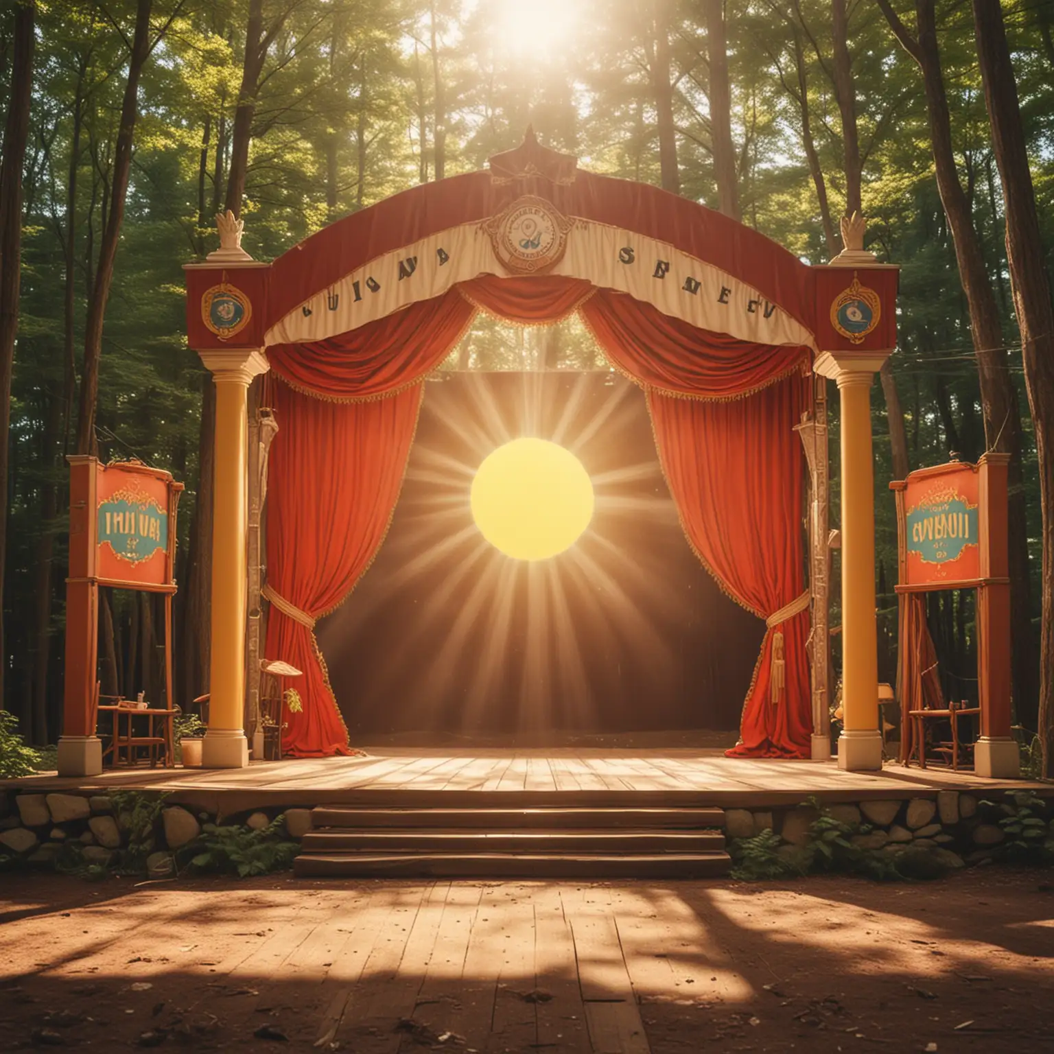 summer camp theater stage with the sun shining in the style of wes anderson
