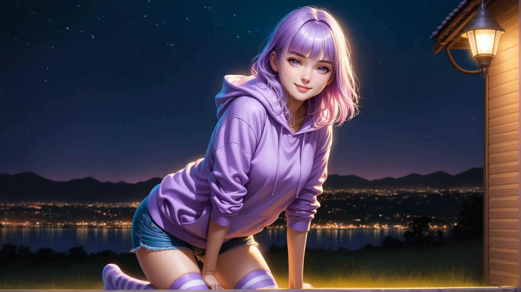 Draw a woman, shoulder length light purple hair, messy bangs framing her face, light purple eyes, petite figure, high quality, realistic, accurate, detailed, long shot, full body, outdoors, night lighting, seductive pose, shorts, striped thigh-high socks, hoodie, smiling at the viewer