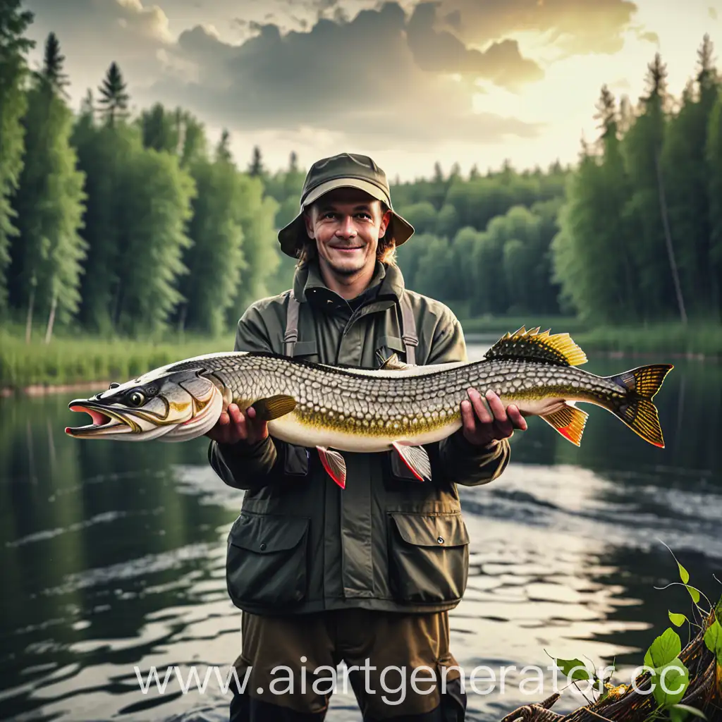 Fisherman-Holding-Pike-by-the-River-and-Forest-Background