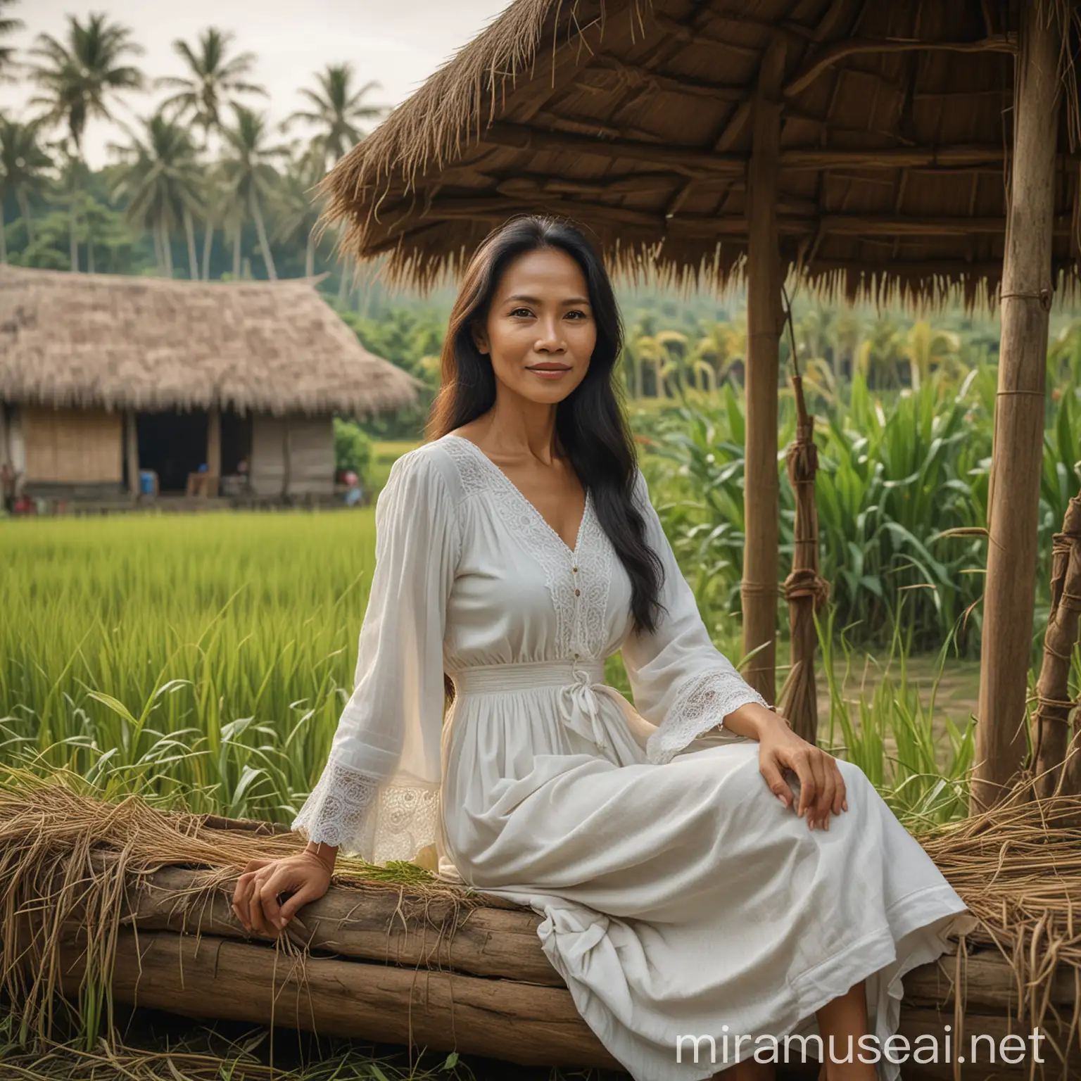 very clear realistic full hd 8 k photo
an Indonesian woman in her 50s with beautiful long hair wearing a white dress sitting in a hut in front of a paddy field
realistic natural color photo