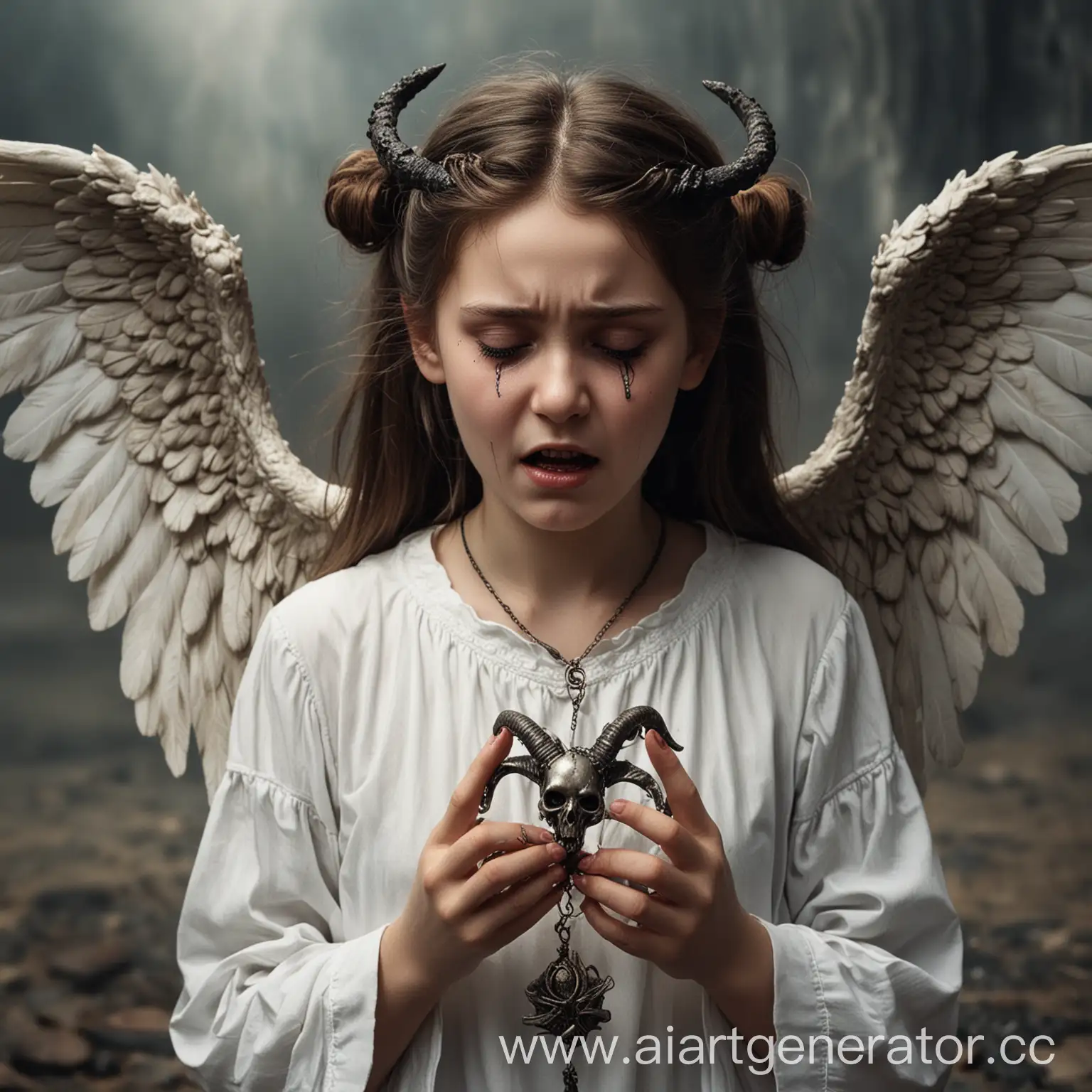 Девушка-падший ангел с рожками,плача,сжимает в руках амулет