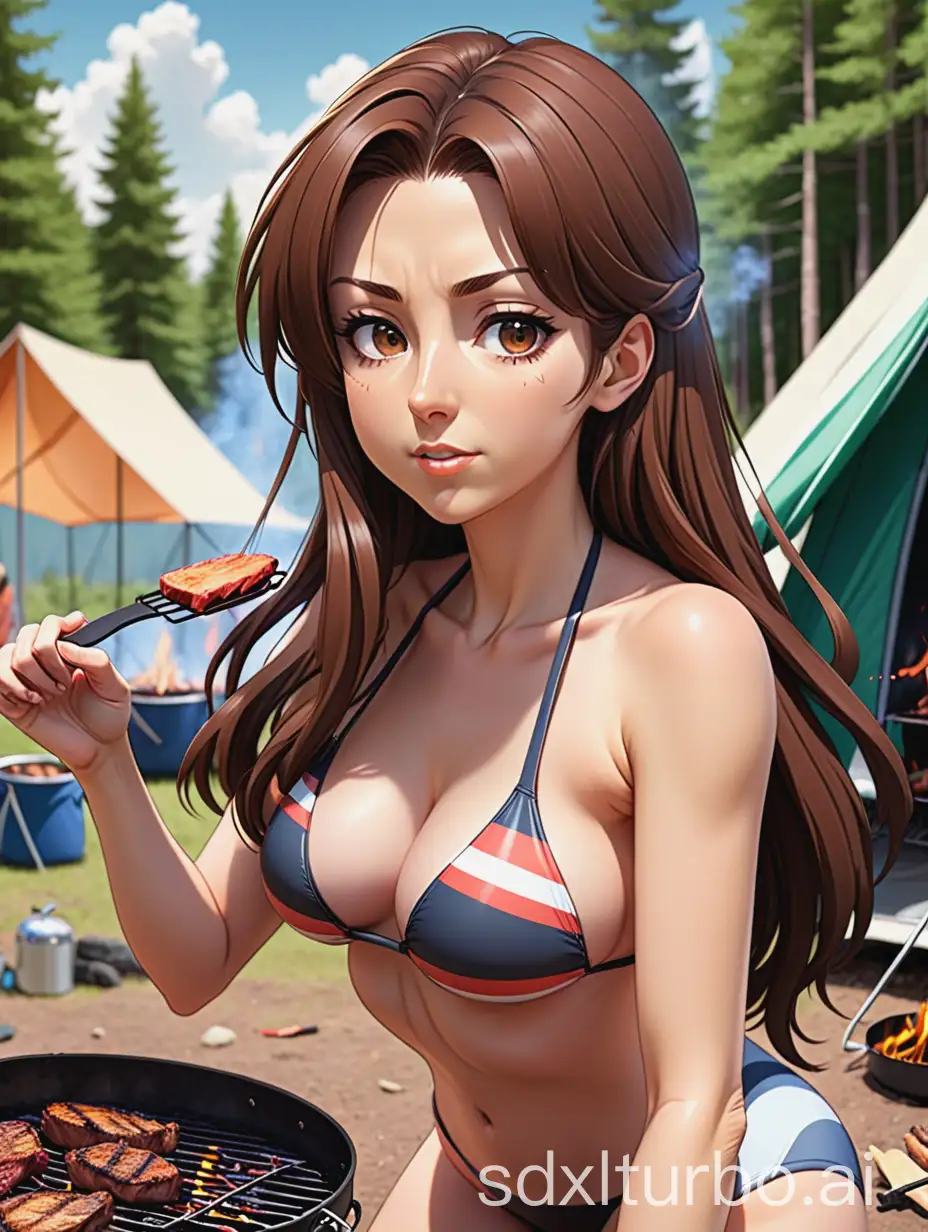 Anime style close-up of long-haired brown-haired woman in swimsuit barbecuing in camping area