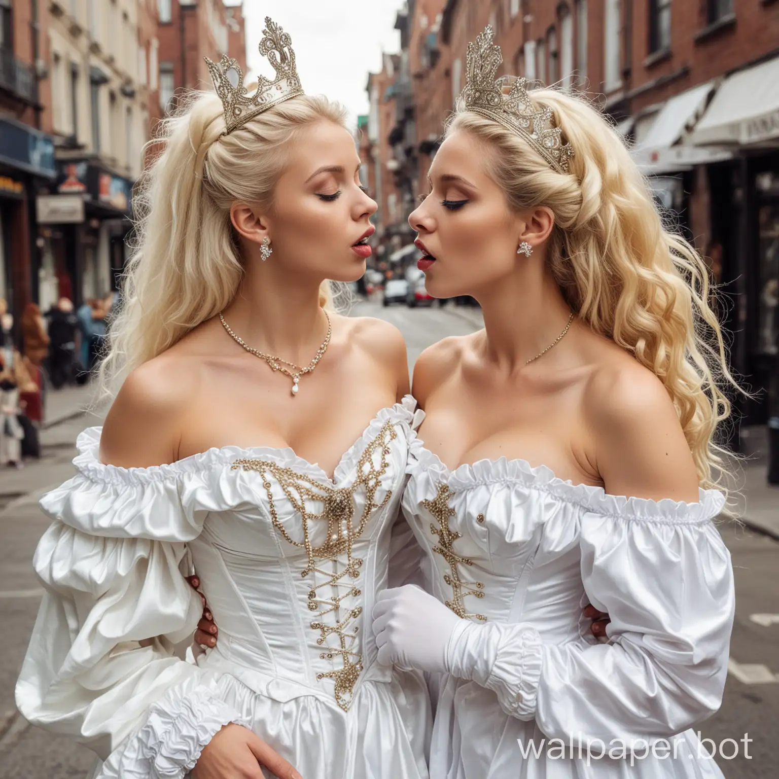 Two black afro males hobos beggars tramps sailors kiss young white blonde beautiful Queen in crown on the street. disgust on her face.  young white blonde Queen in crown, white silk off-shoulder dress with deep cleavage, white push-up corset, white silk opera length gloves. color photo