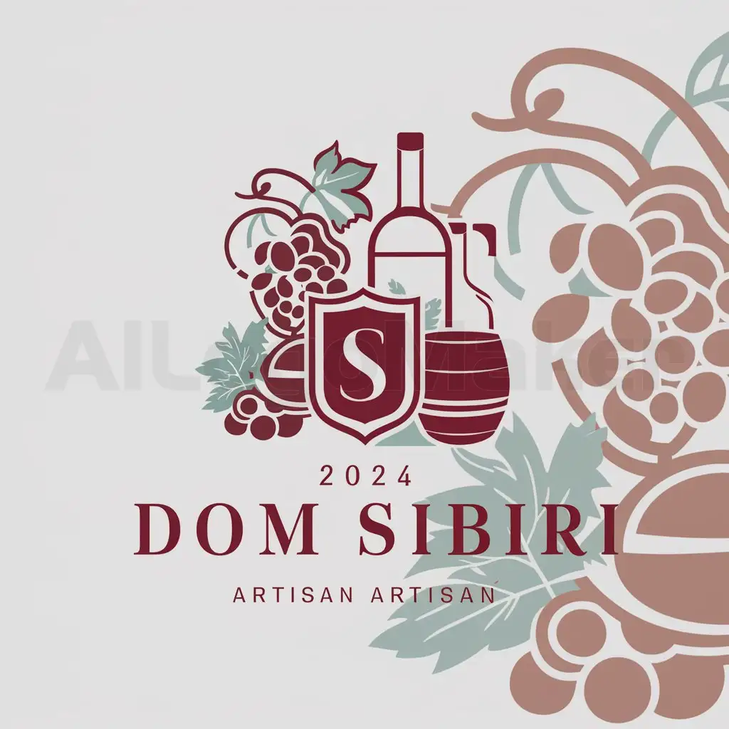 a logo design,with the text "2024 Dom Sibiri", main symbol:S grapes winery artisan goblet bottle cask coat of arms shield red wine snow nature beauty taste aroma bouquet flowers,Moderate,clear background