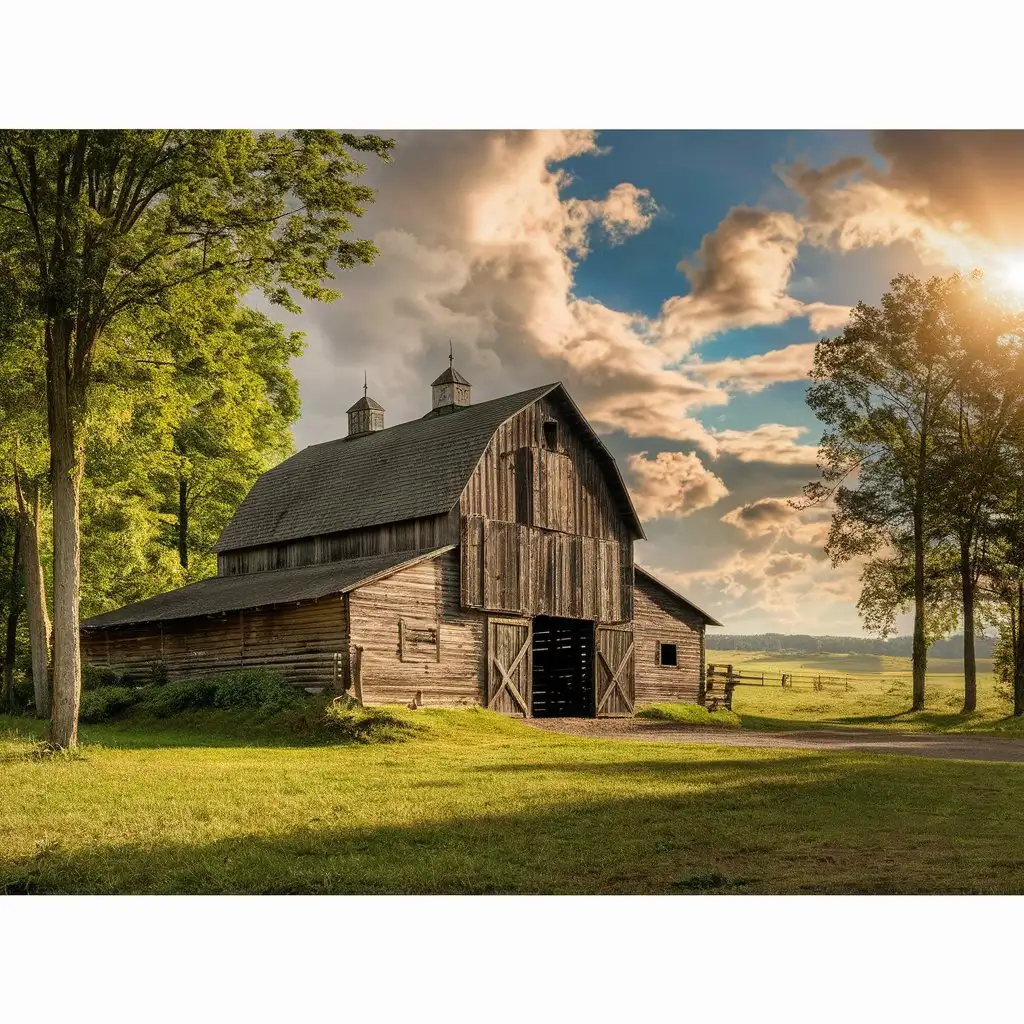 Scenic Country Landscape with Barn and Sunny Sky